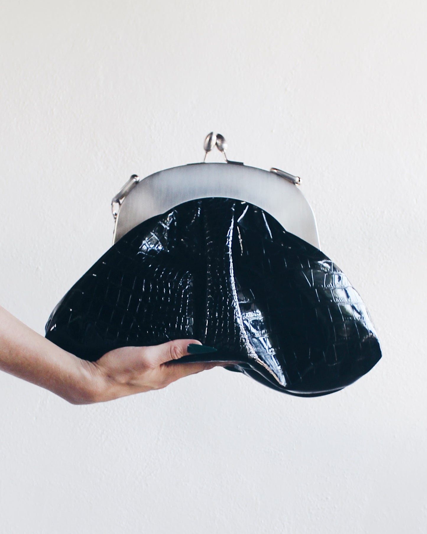 Black Alligator-Textured Giant Leather Coin Purse Handbag with Silver Clasp – Bold Statement Piece