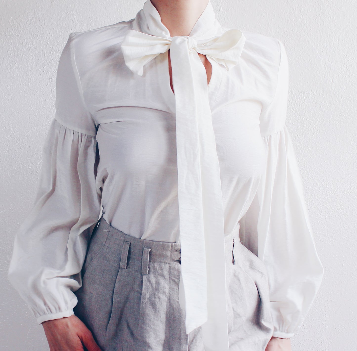 Cream Bow Tie Blouse with Puffy Sleeves | Coquette Prairie Style