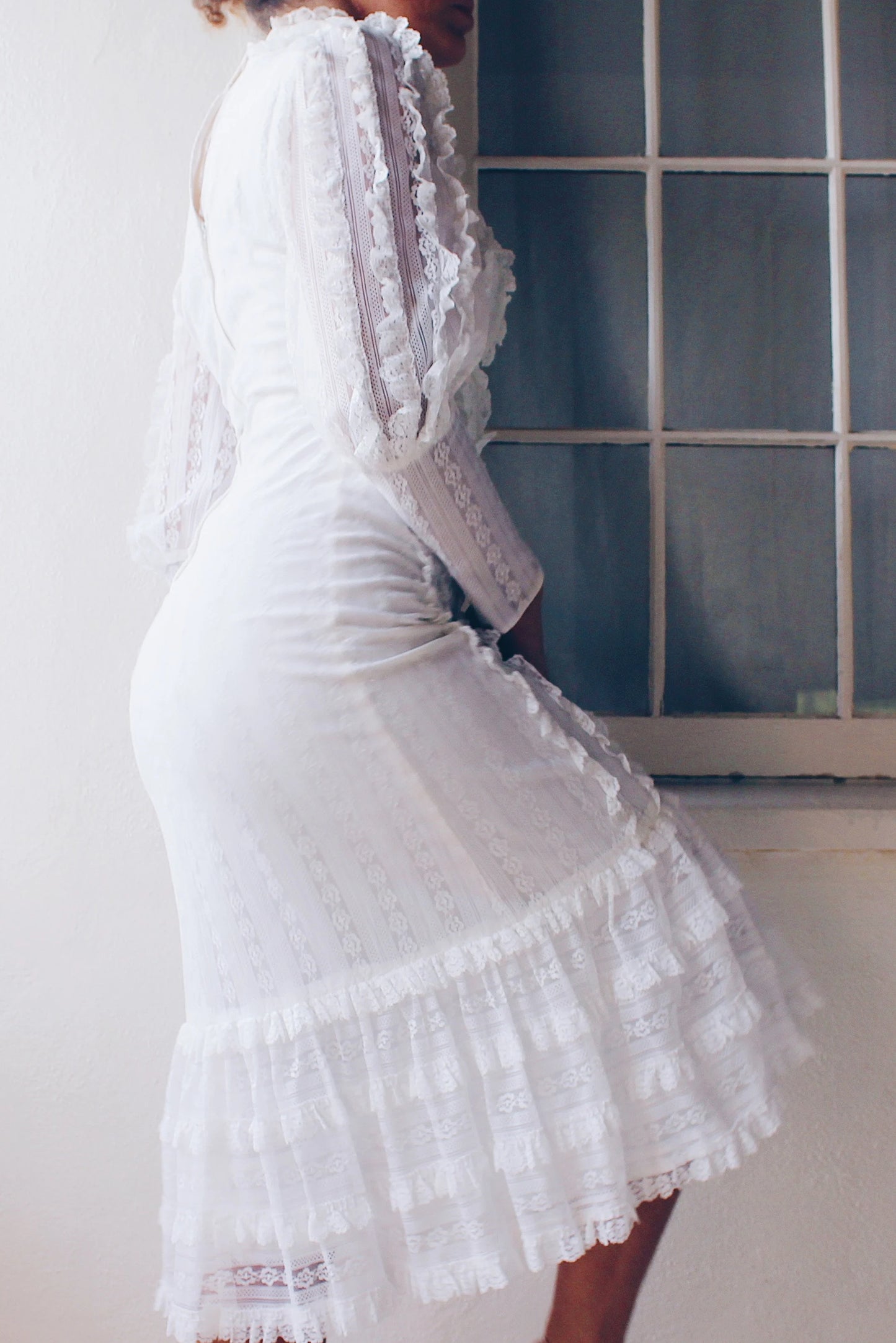 Vintage White Lace High Neck Victorian Midi Dress - Long Sleeve Coquette | American Gothic Prairie Wedding Dress