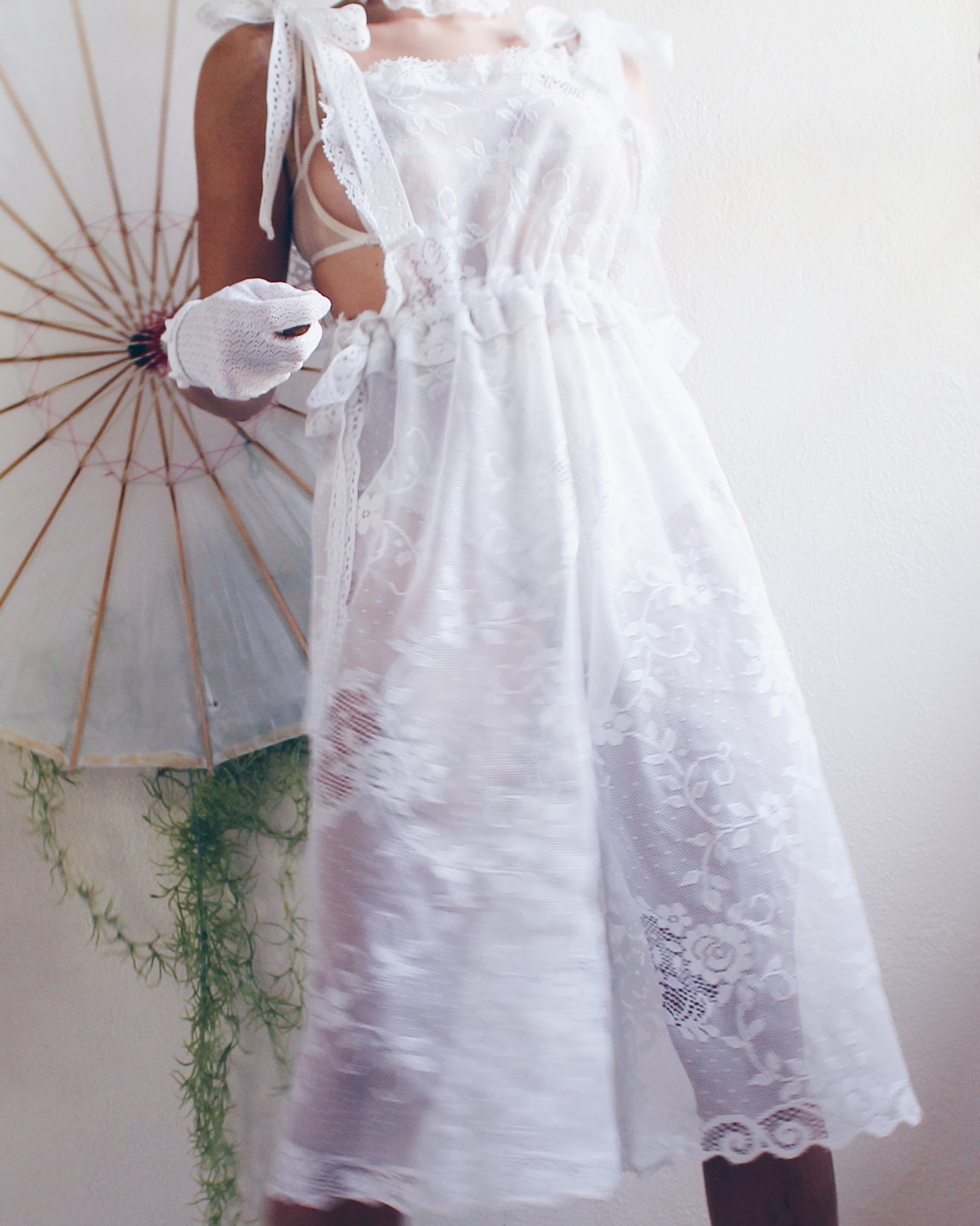 Upcycled Sheer Lace Overalls – Vintage White Curtain Reworked Dungarees | Whimsical Boho Summer Style