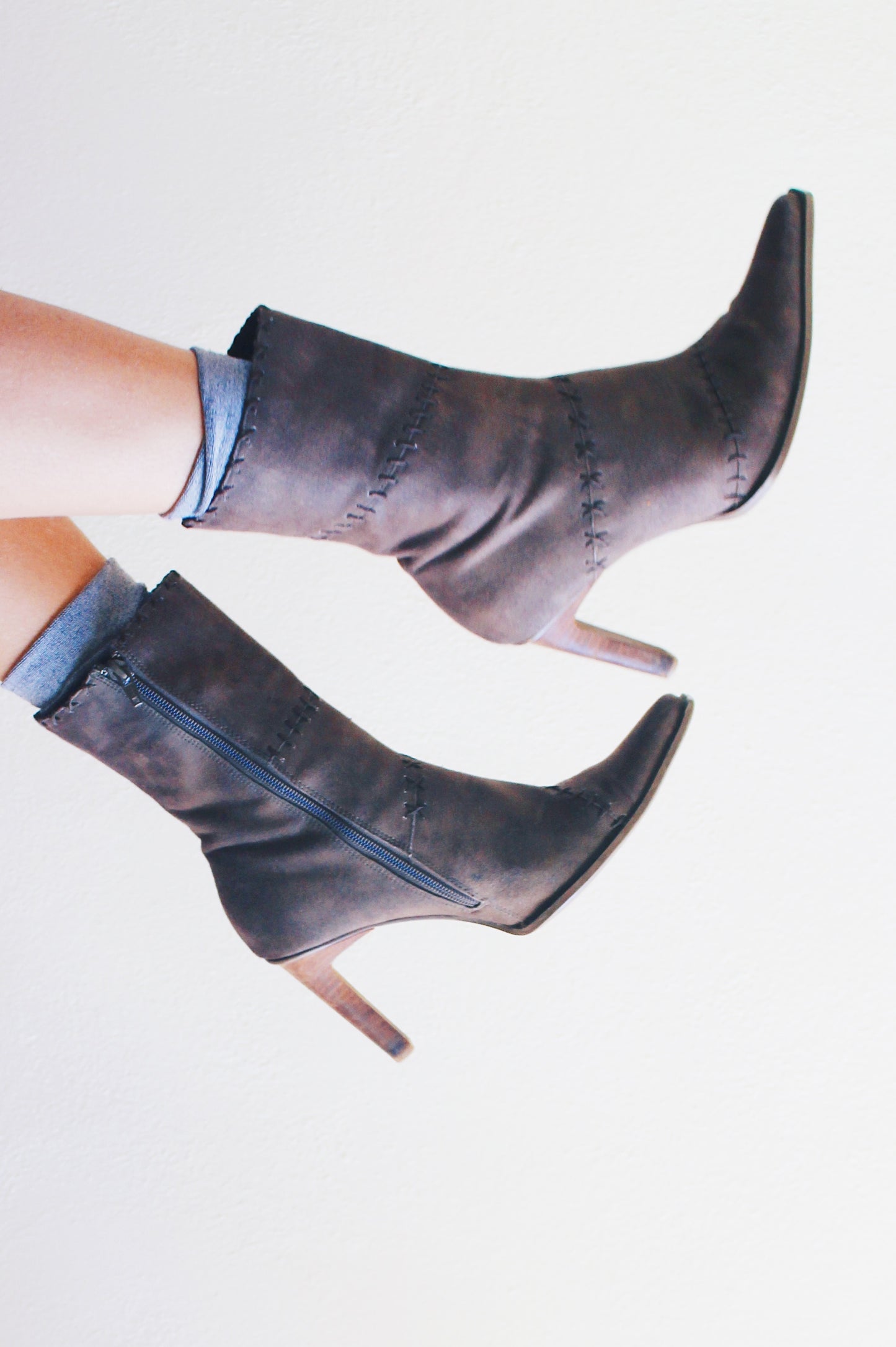 Y2K Grunge Patchwork Boot Heels - Step into a Time Machine of Style - Dark khaki patchwork pointed toe boots