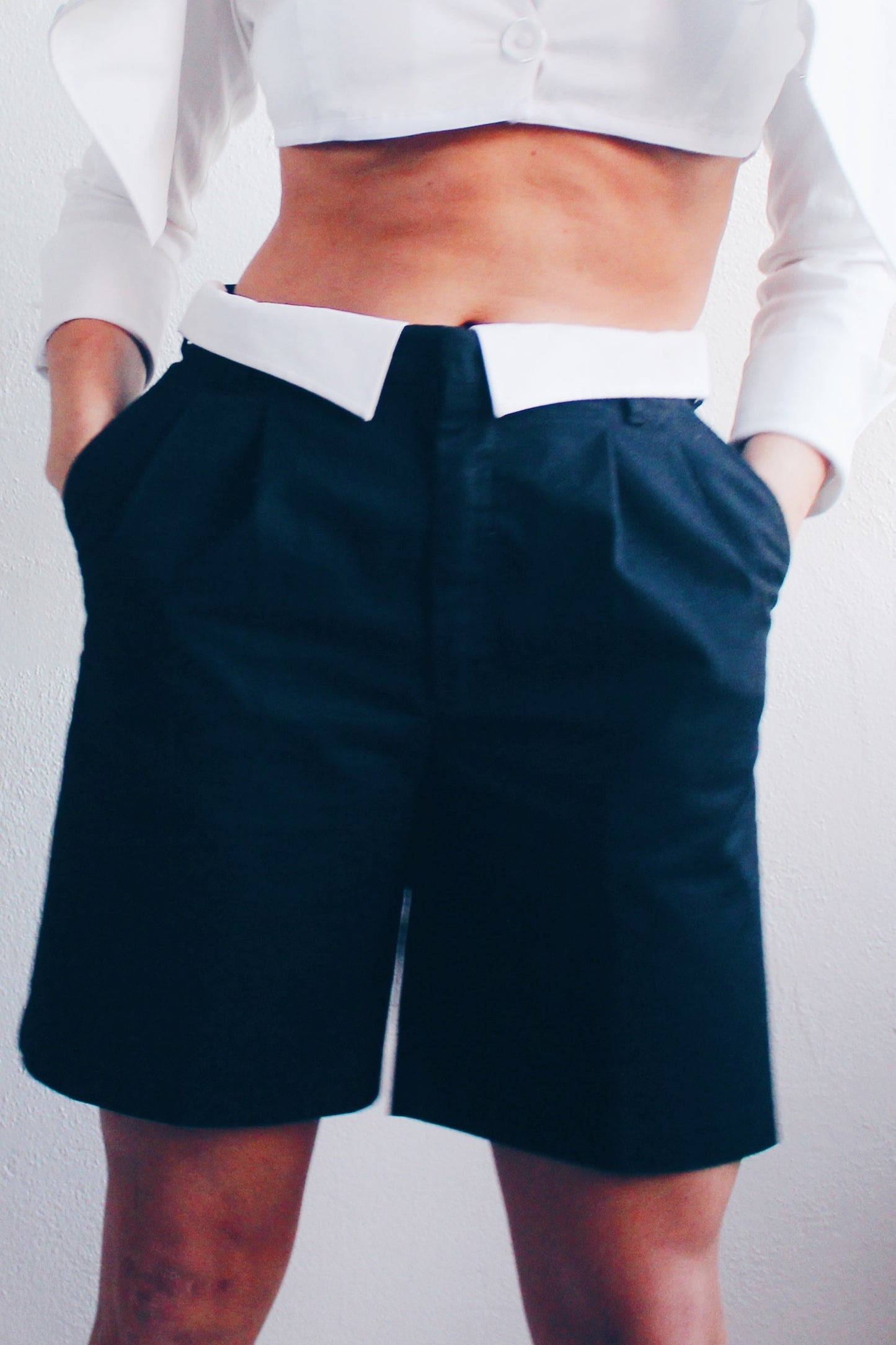Androgynous Formal: Upcycled Black Pleated Shorts with Attached White Shirt Collar
