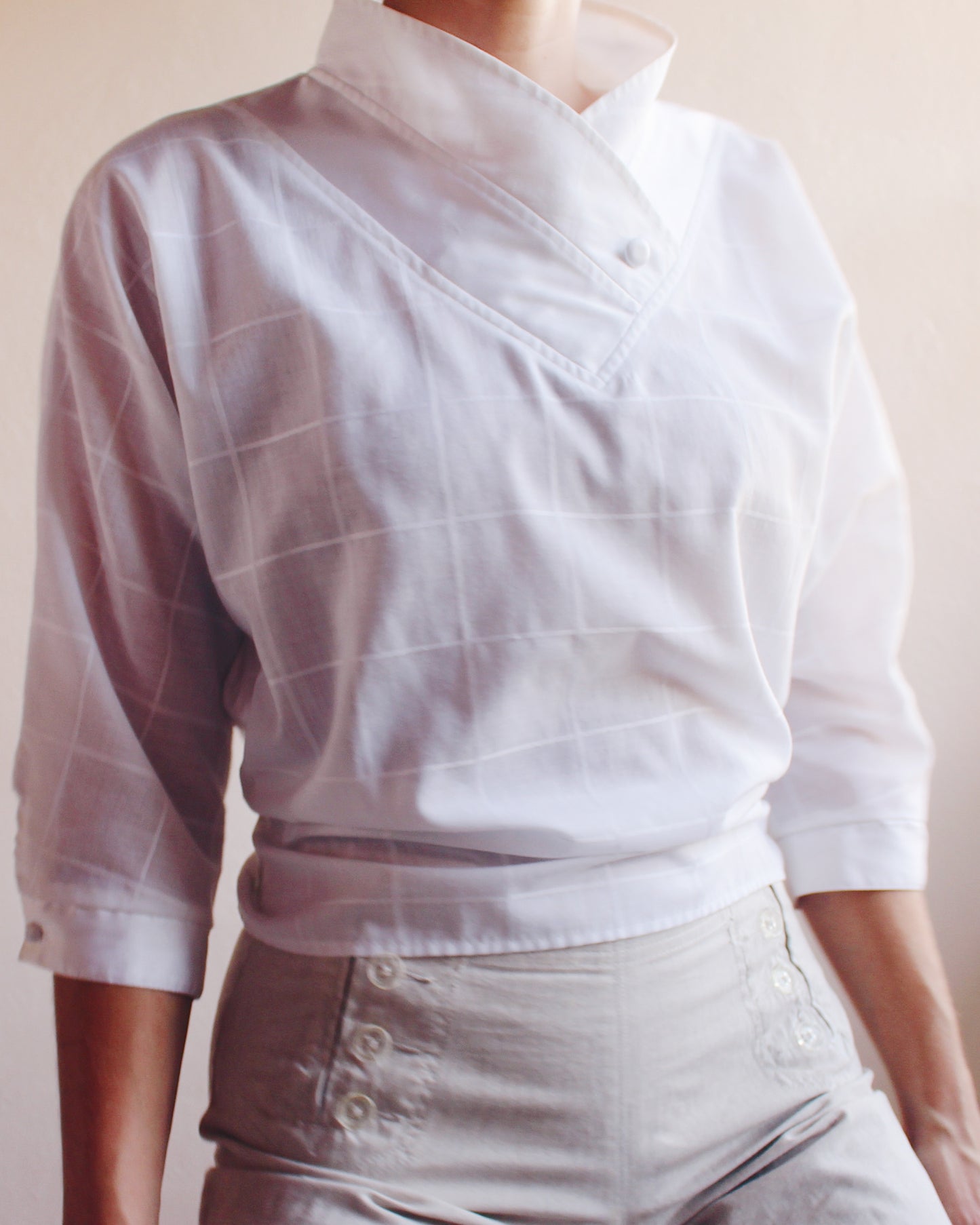 Vintage 1970s Pierre Cardin White Cotton Blouse — Asymmetrical Crossover Collar | Minimalist French Designer Shirt