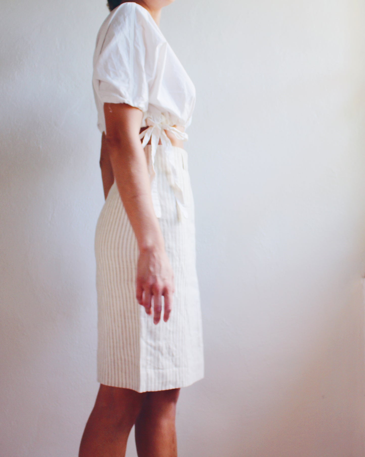 Beige Striped Linen Midi Skirt - Minimalist Pinstripe 90s Style | Perfect Summer and fall Skirt