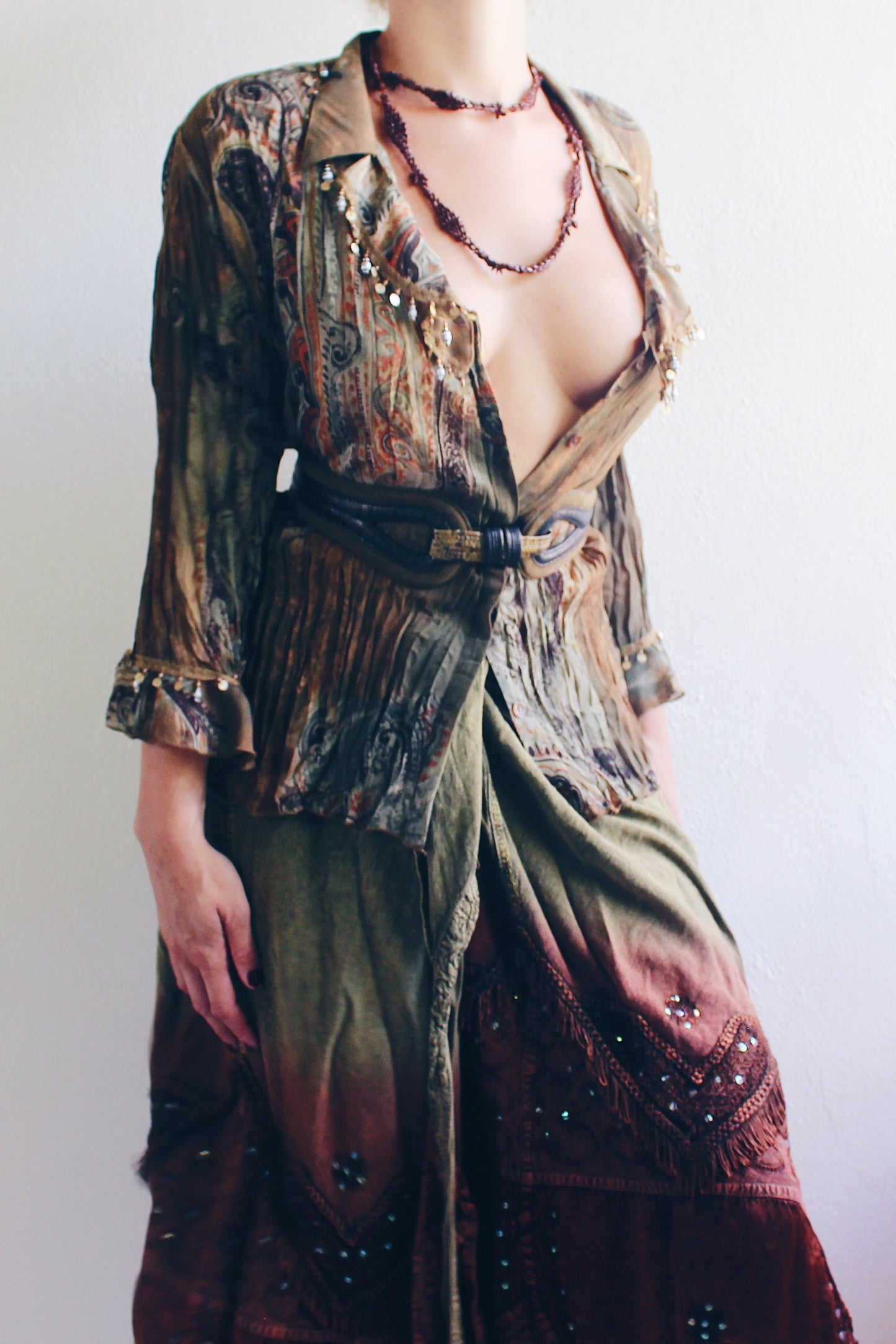 Whimsygoth Green Brown Blouse / Vintage 90s Textured Beaded top / Ruffle sleeve Paisley Artsy Witch Shirt