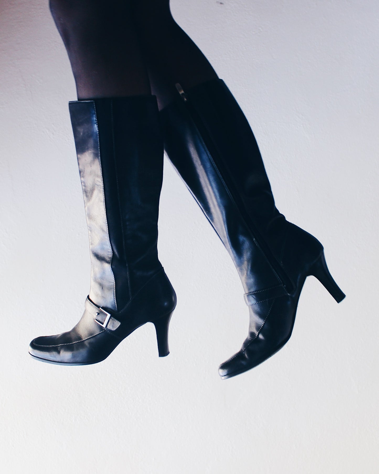 Vintage 90s Worthington Black Leather Talll Boots – 2-Inch Heel, Belt Strap, Elastic Sides | Chic Minimalist Style Librarian Chic