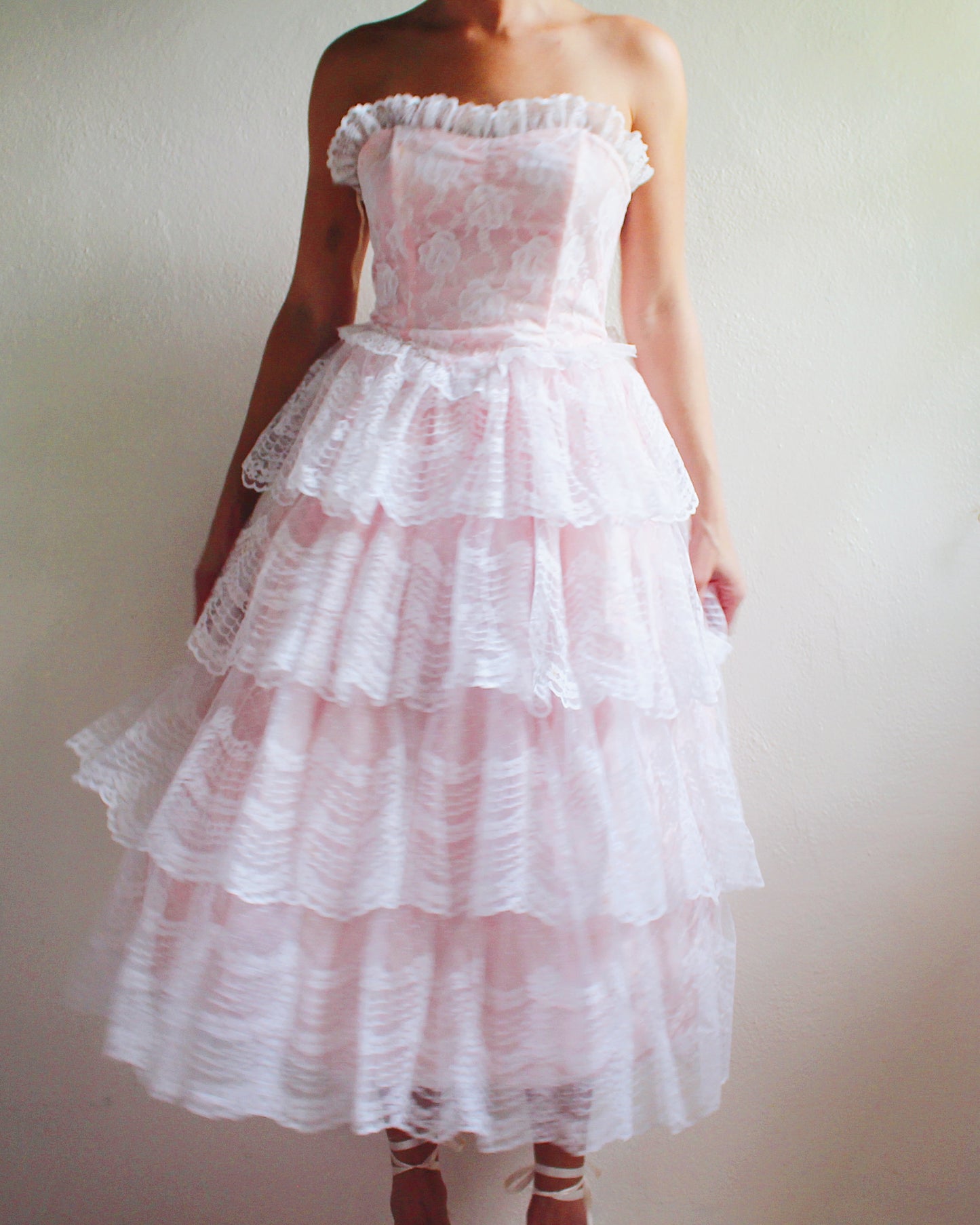 1960s Vintage Pink Lace A-Line Gown - Floral Lace & Tiered Ruffled Skirt | Girly Coquette Retro Style | Priscilla-Inspired Formal Dress