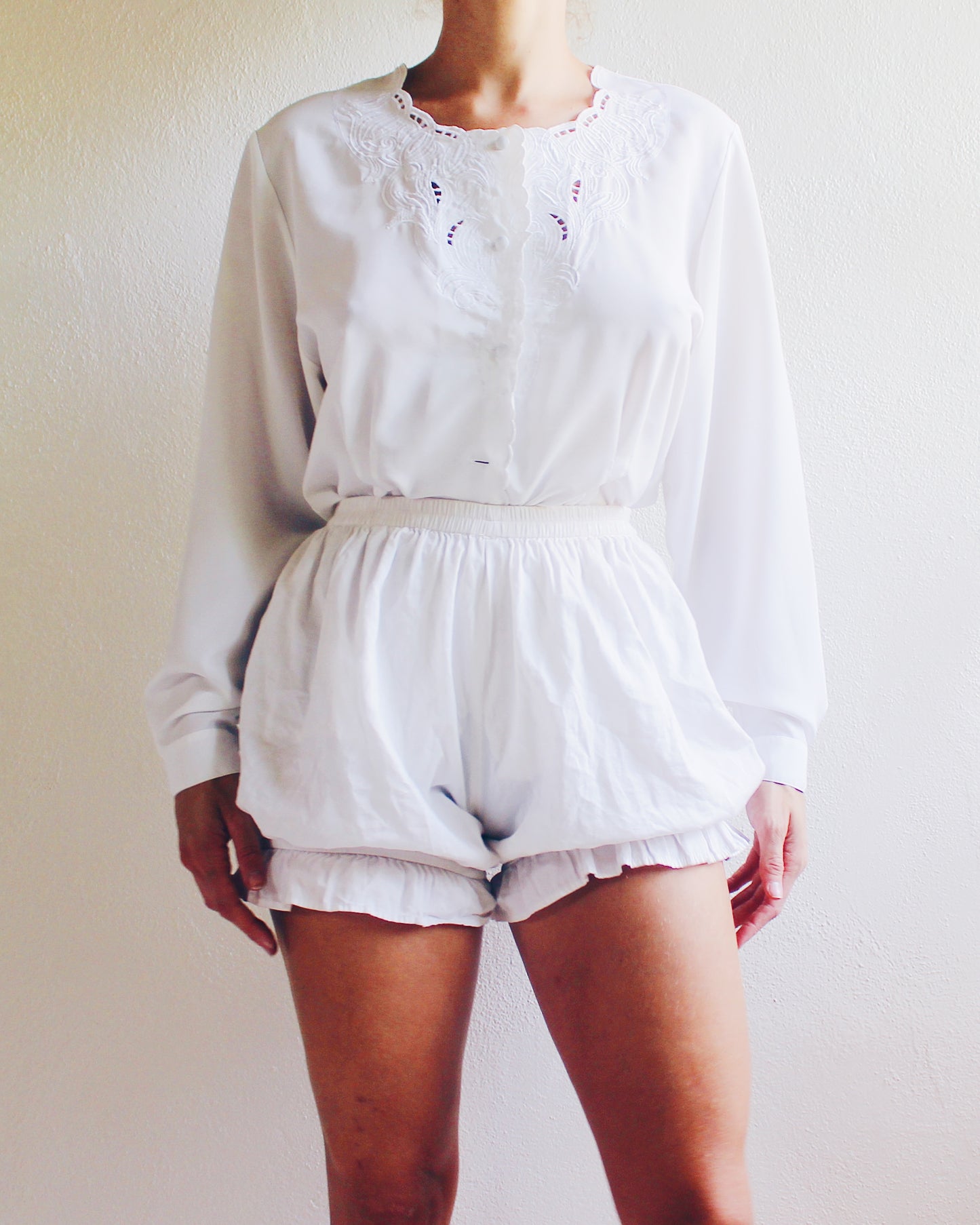 White Vintage Blouse with Pleated Waist and Cut-Out Embroidered neckline - Romantic Cottagecore Coquette Style