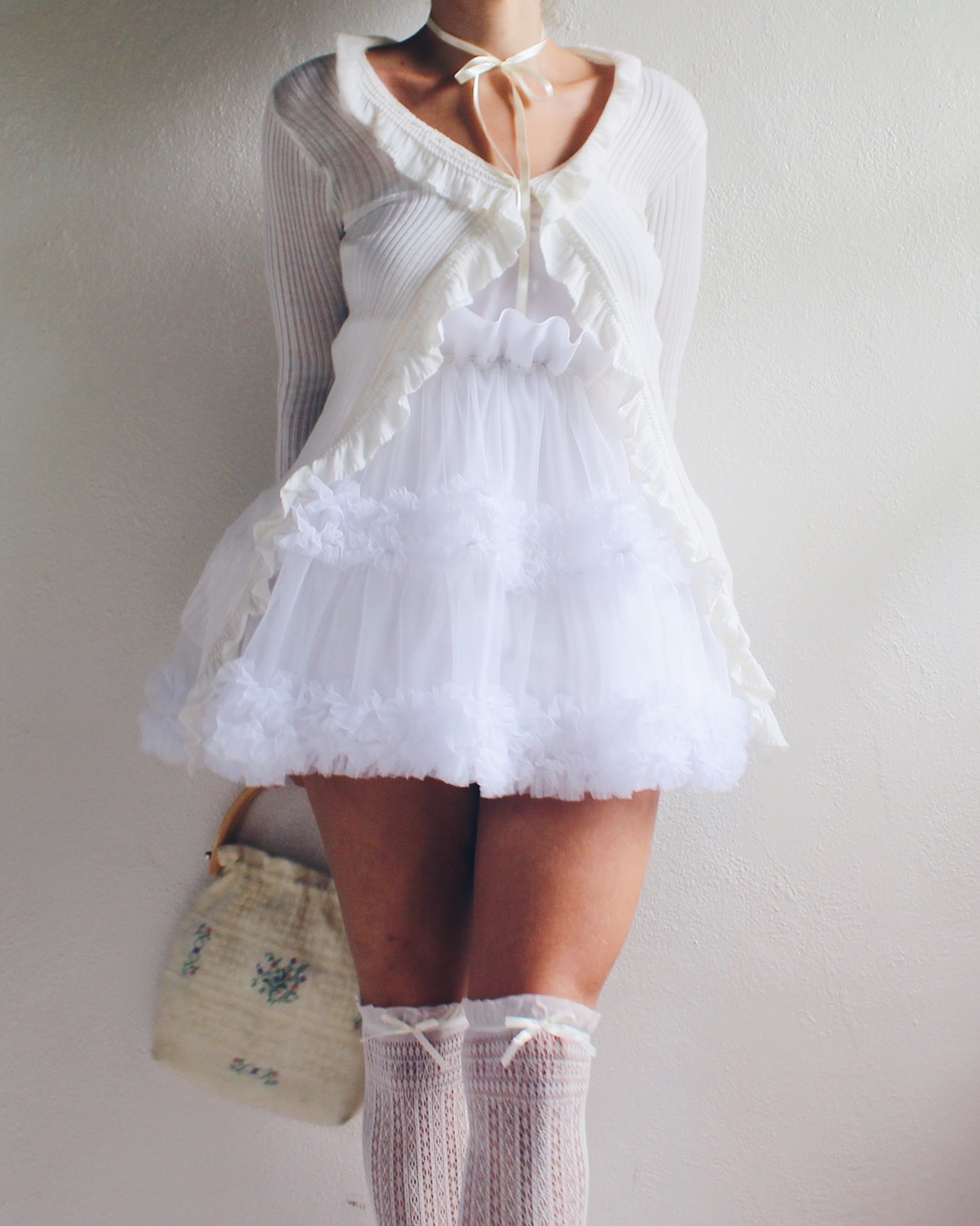 Upcycled White Ruffled Babydoll Dress - Lolita Harajuku Coquette Style | Made from Vintage Slip & Petticoat | Selkie Inspired Design