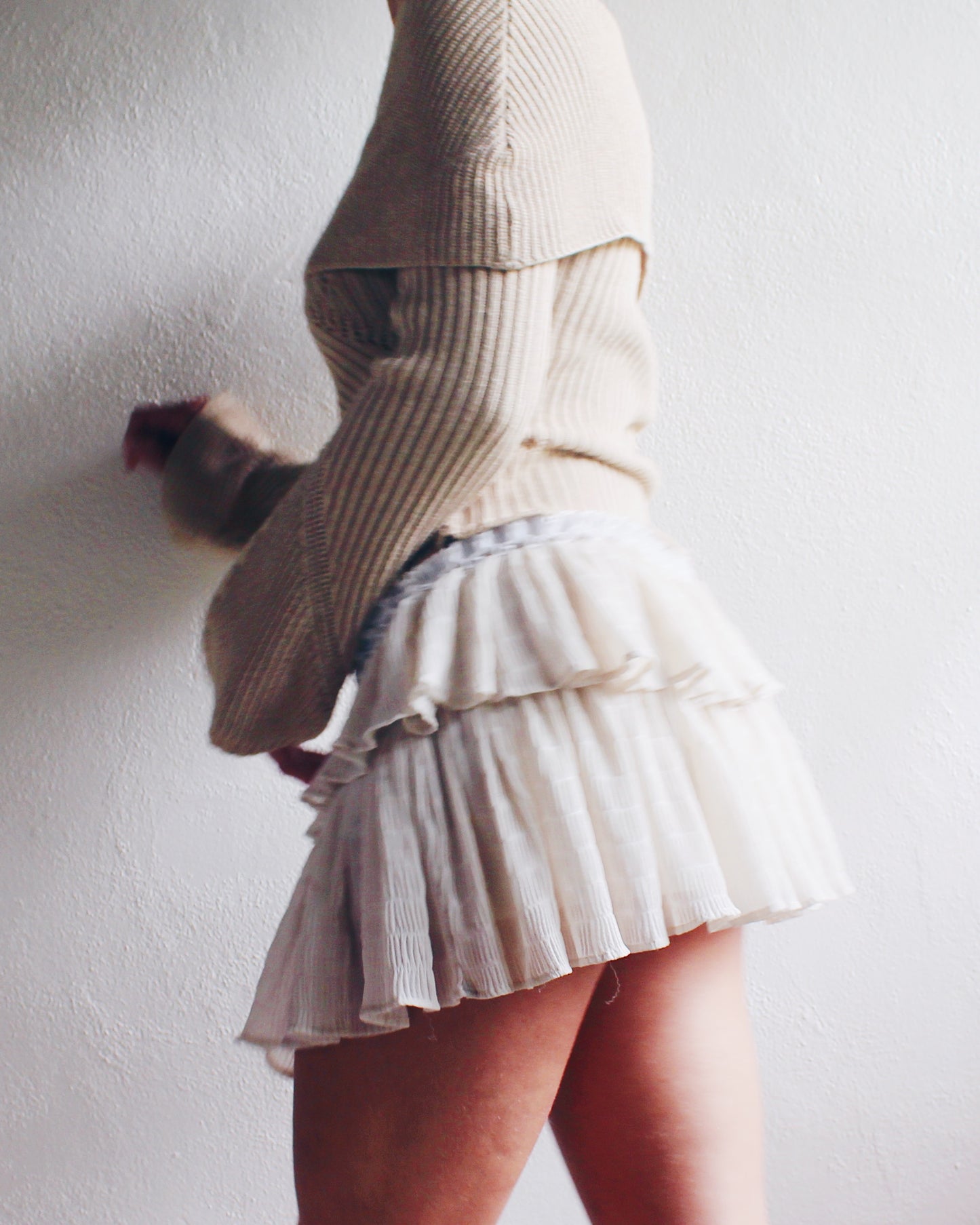 Layered Ruffled Beige Upcycled Mini Skirt - Floral Ruffle Trim | Cute Coquette Boho Style | Perfect for Eco-Friendly Fashion