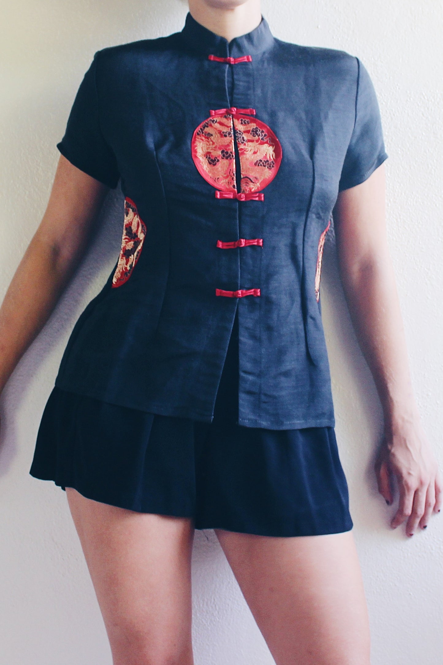 Black Chinese tunic / black red gold dragon shirt / linen silk cheongsam / 90s vintage top