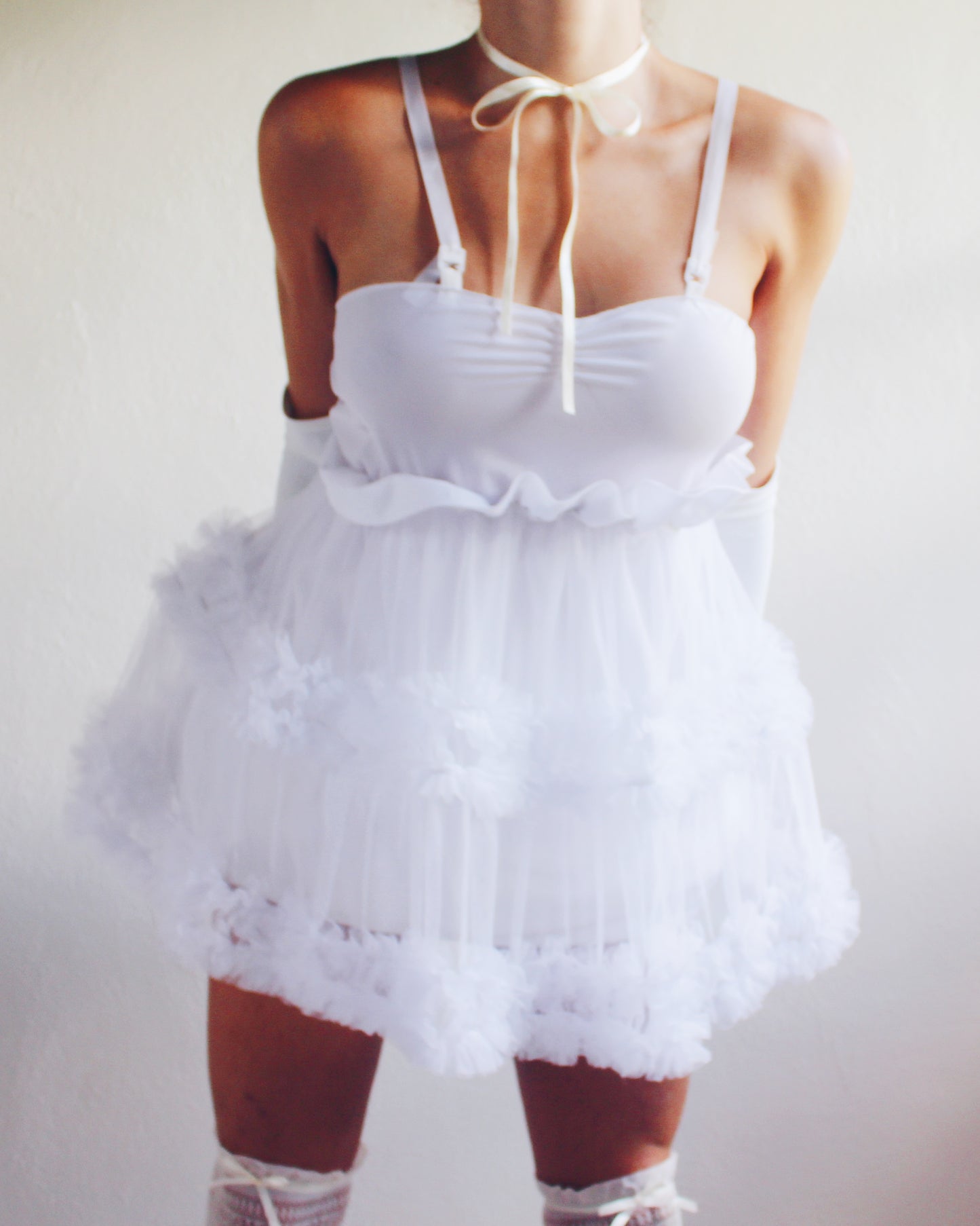Upcycled White Ruffled Babydoll Dress - Lolita Harajuku Coquette Style | Made from Vintage Slip & Petticoat | Selkie Inspired Design