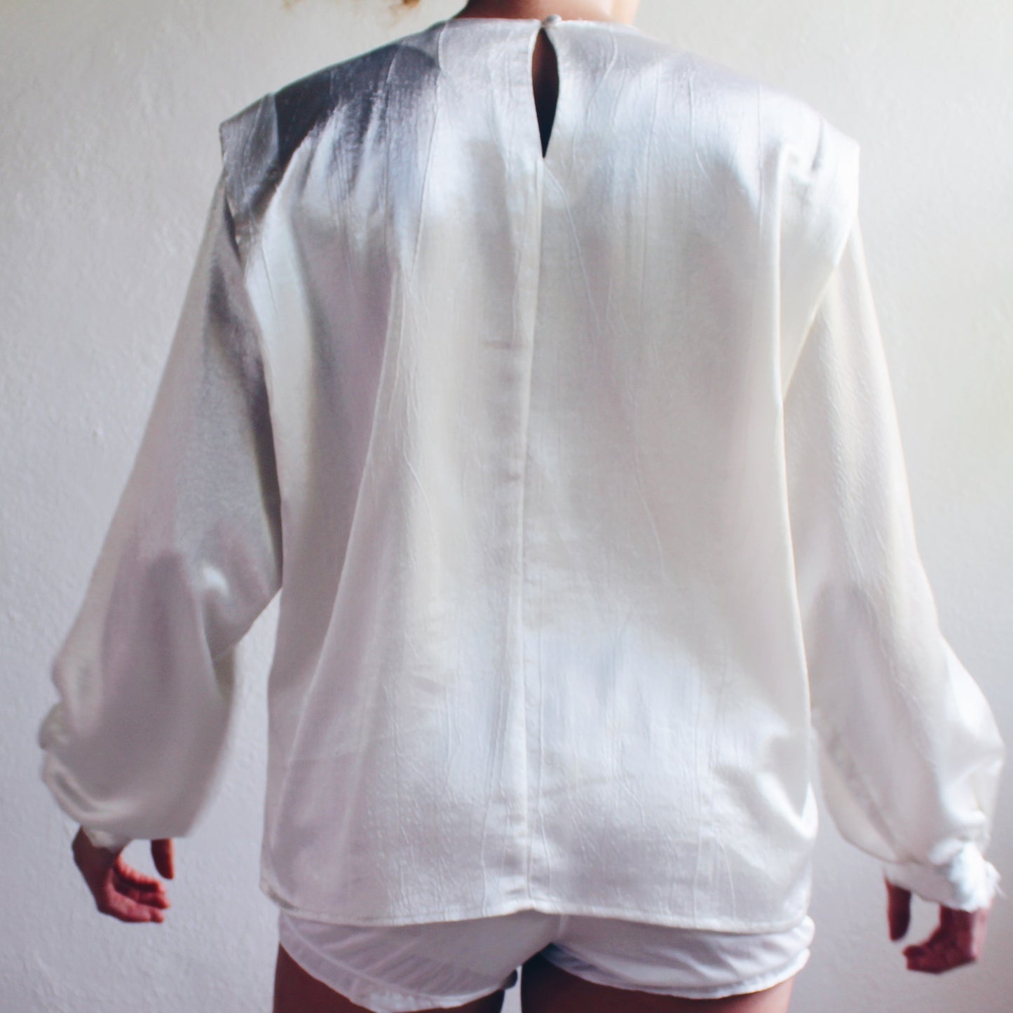 Upcycled Vintage 1980s Ivory Satiny Blouse - Pleated Bust & Wide Shoulders | Retro Edwardian Morute Style