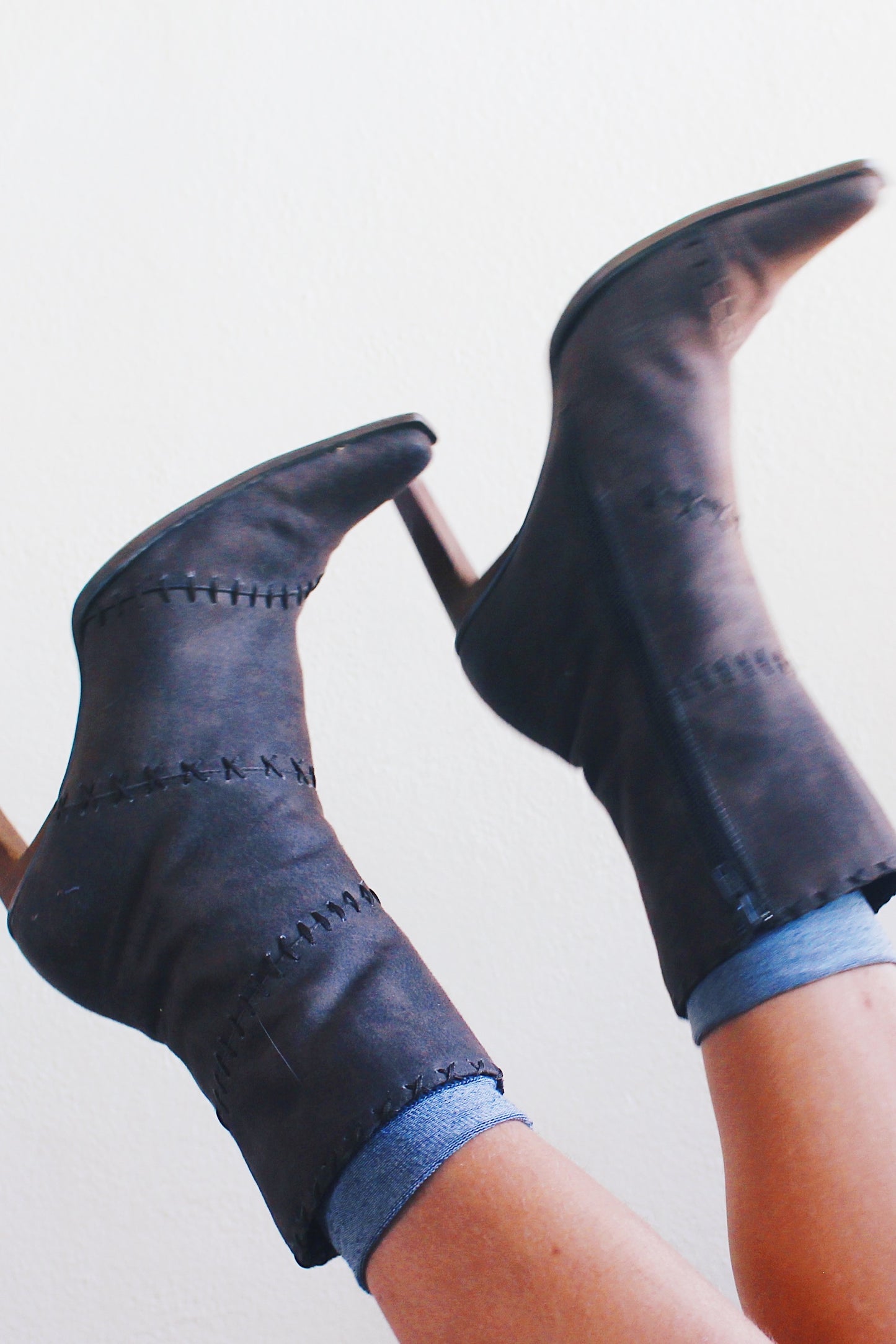 Y2K Grunge Patchwork Boot Heels - Step into a Time Machine of Style - Dark khaki patchwork pointed toe boots