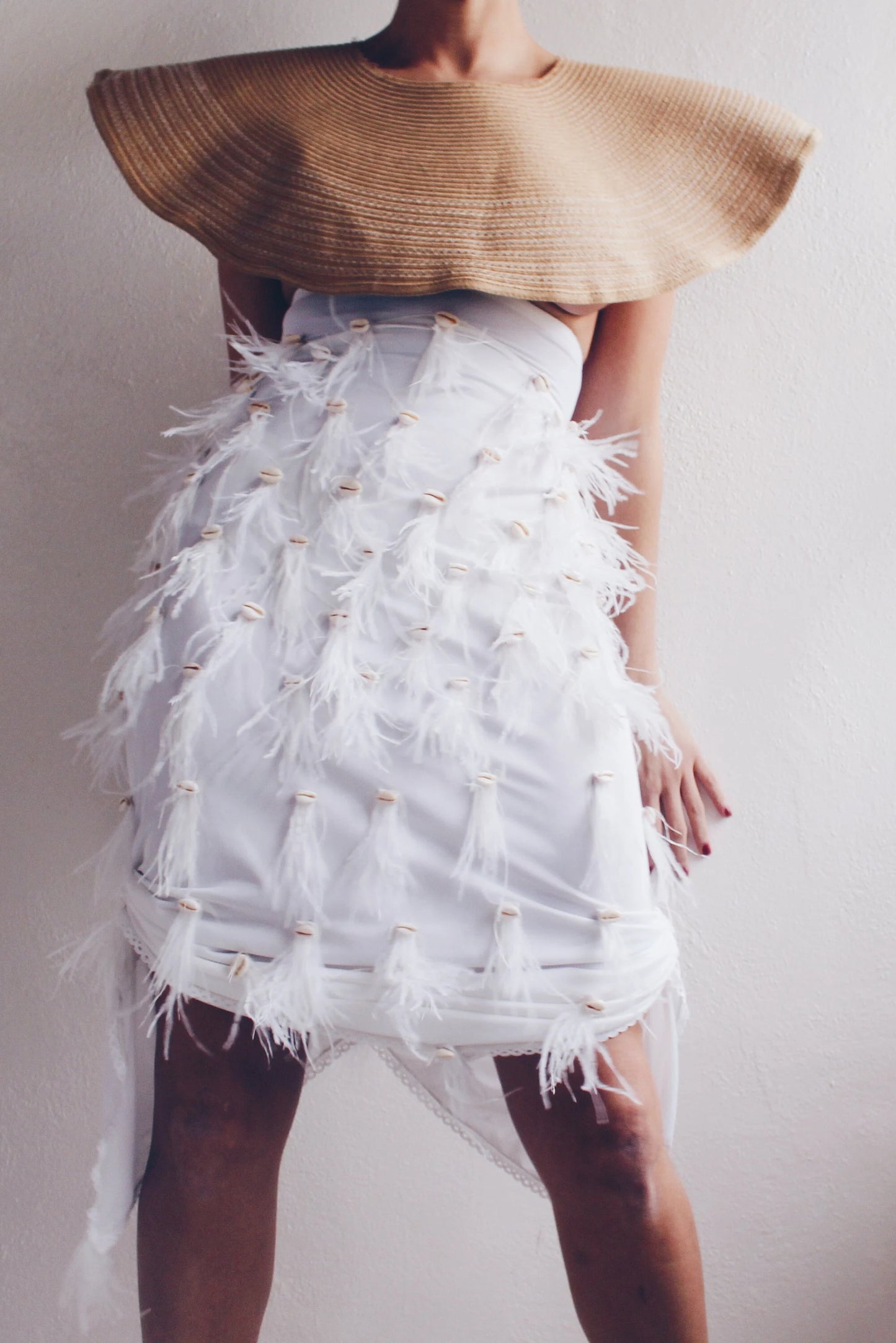 Reworked Vintage Lingerie Slip Skirt with Cowrie Shells & Ostrich Feathers - Upcycled Couture Statement Piece |