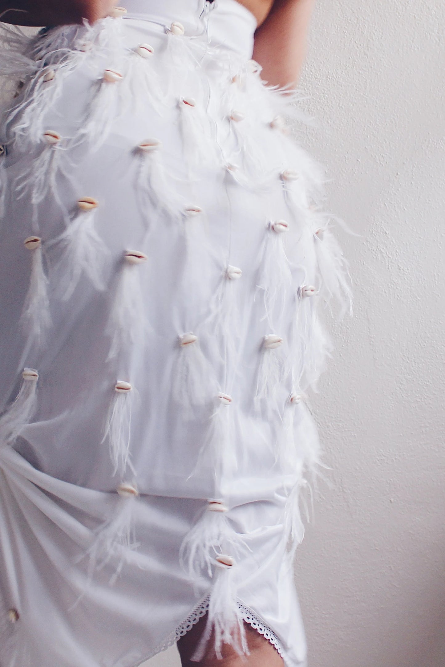 Reworked Vintage Lingerie Slip Skirt with Cowrie Shells & Ostrich Feathers - Upcycled Couture Statement Piece |