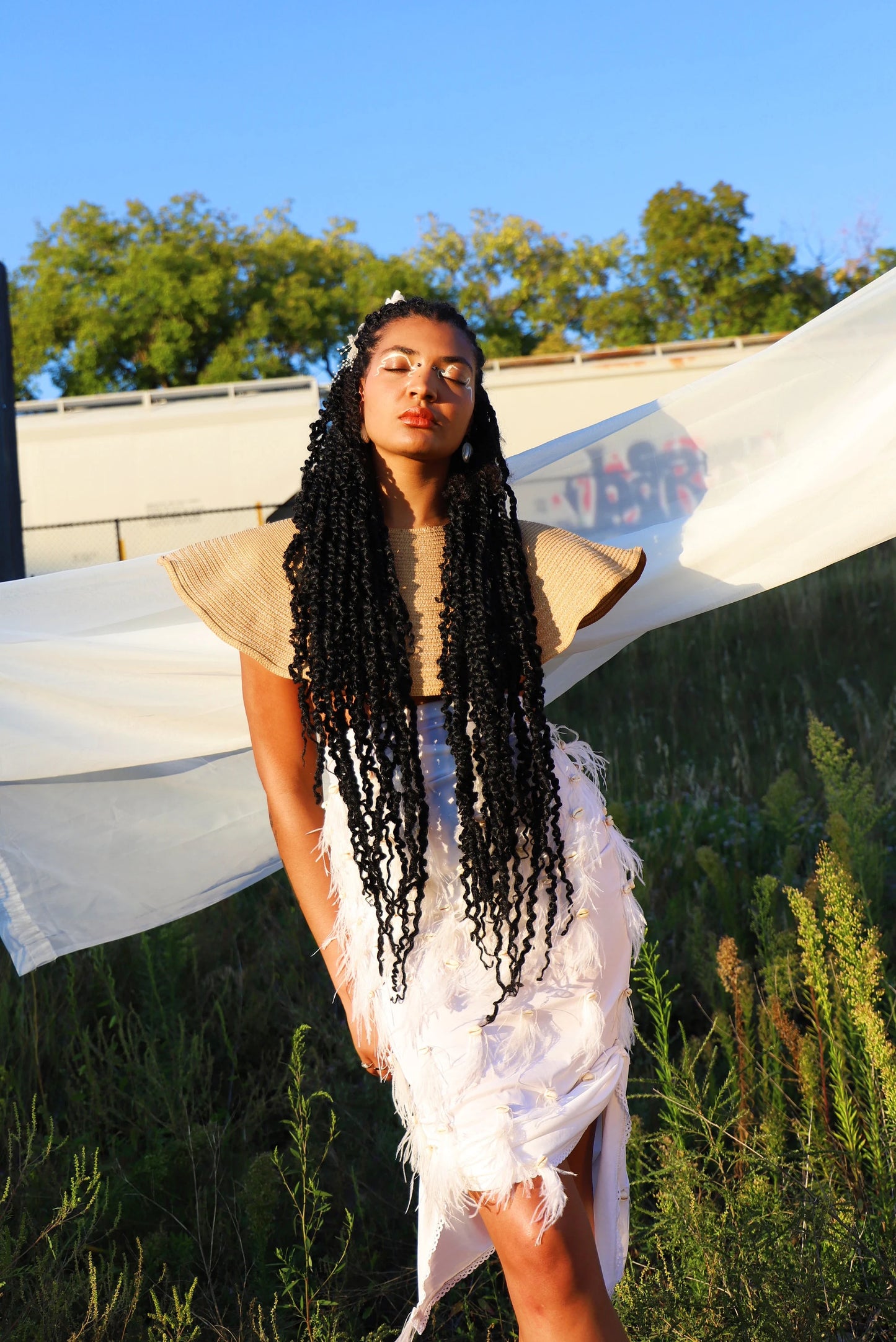 Reworked Vintage Lingerie Slip Skirt with Cowrie Shells & Ostrich Feathers - Upcycled Couture Statement Piece |