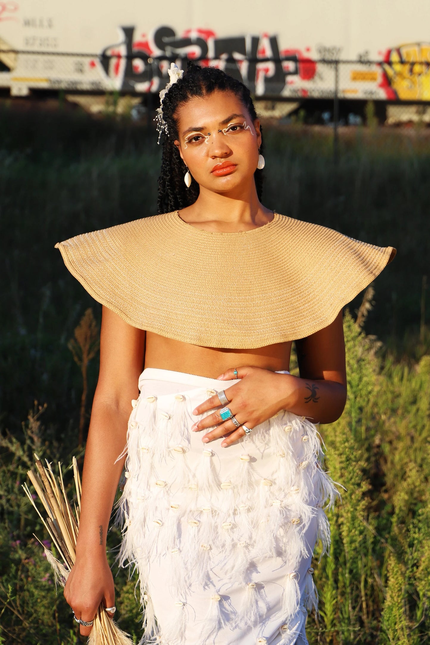 Reworked Vintage Lingerie Slip Skirt with Cowrie Shells & Ostrich Feathers - Upcycled Couture Statement Piece |