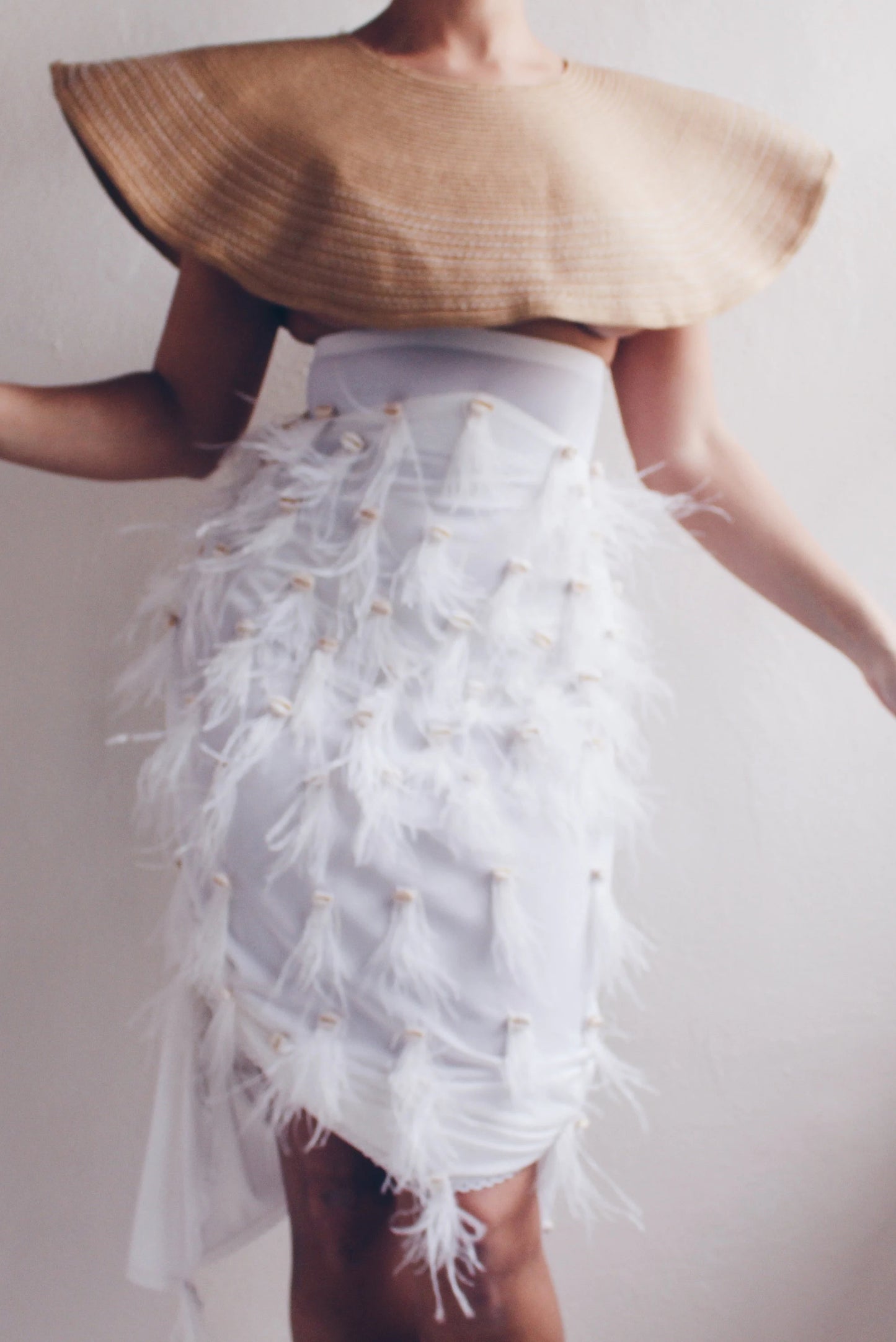 Reworked Vintage Lingerie Slip Skirt with Cowrie Shells & Ostrich Feathers - Upcycled Couture Statement Piece |