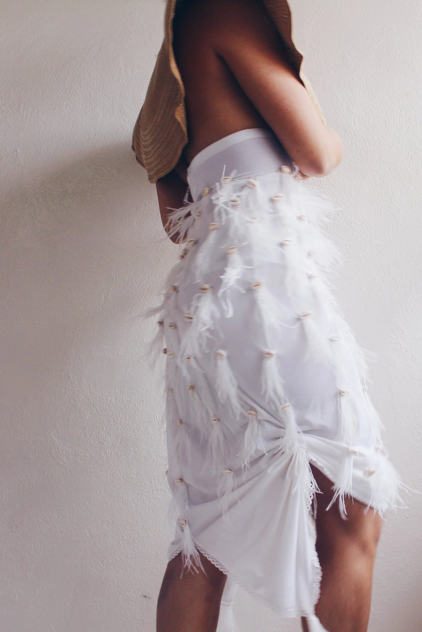 Reworked Vintage Lingerie Slip Skirt with Cowrie Shells & Ostrich Feathers - Upcycled Couture Statement Piece |