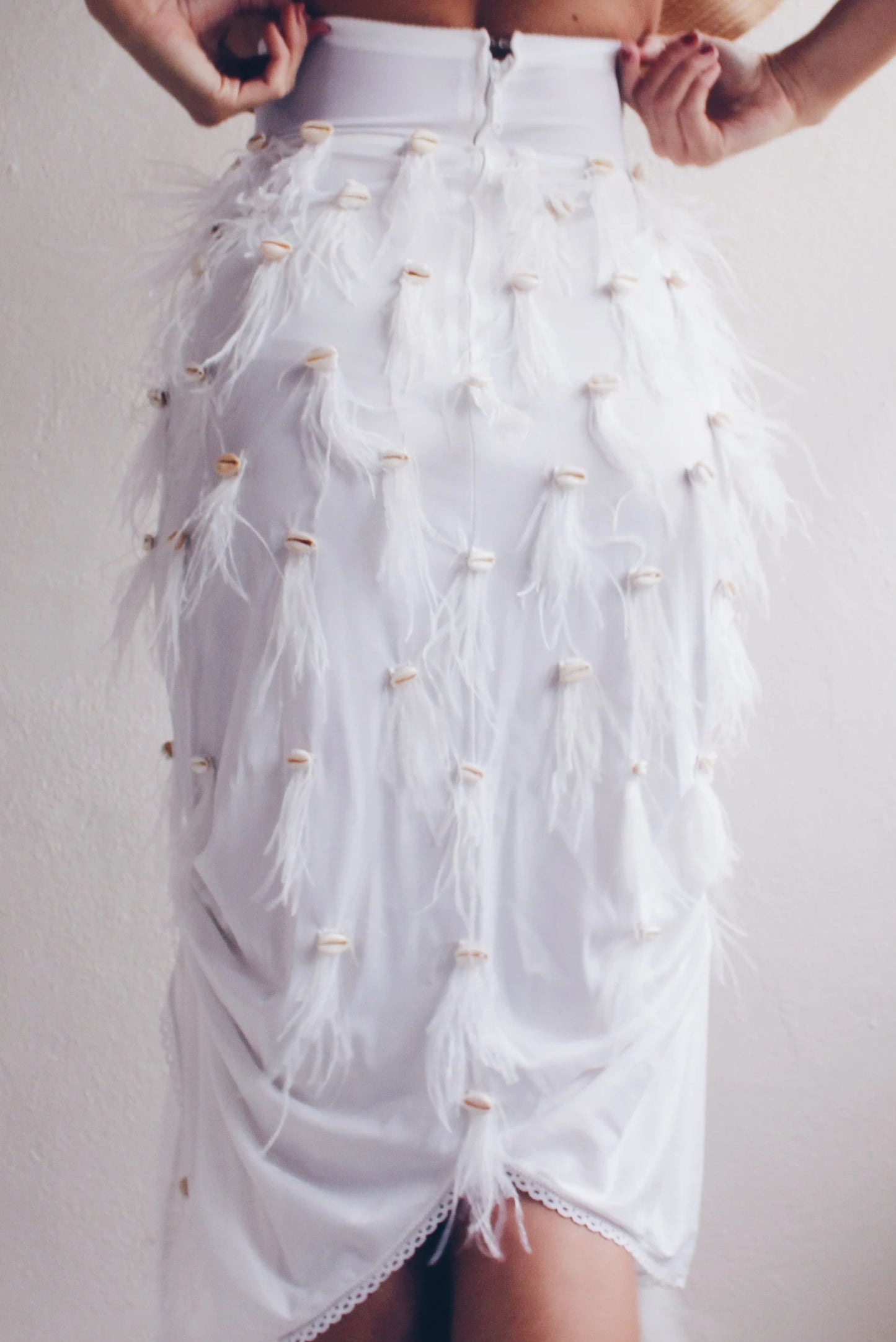 Reworked Vintage Lingerie Slip Skirt with Cowrie Shells & Ostrich Feathers - Upcycled Couture Statement Piece |