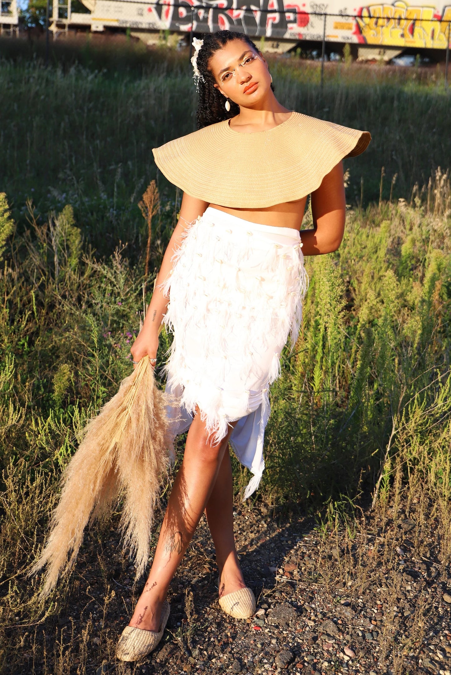 Reworked Vintage Lingerie Slip Skirt with Cowrie Shells & Ostrich Feathers - Upcycled Couture Statement Piece |