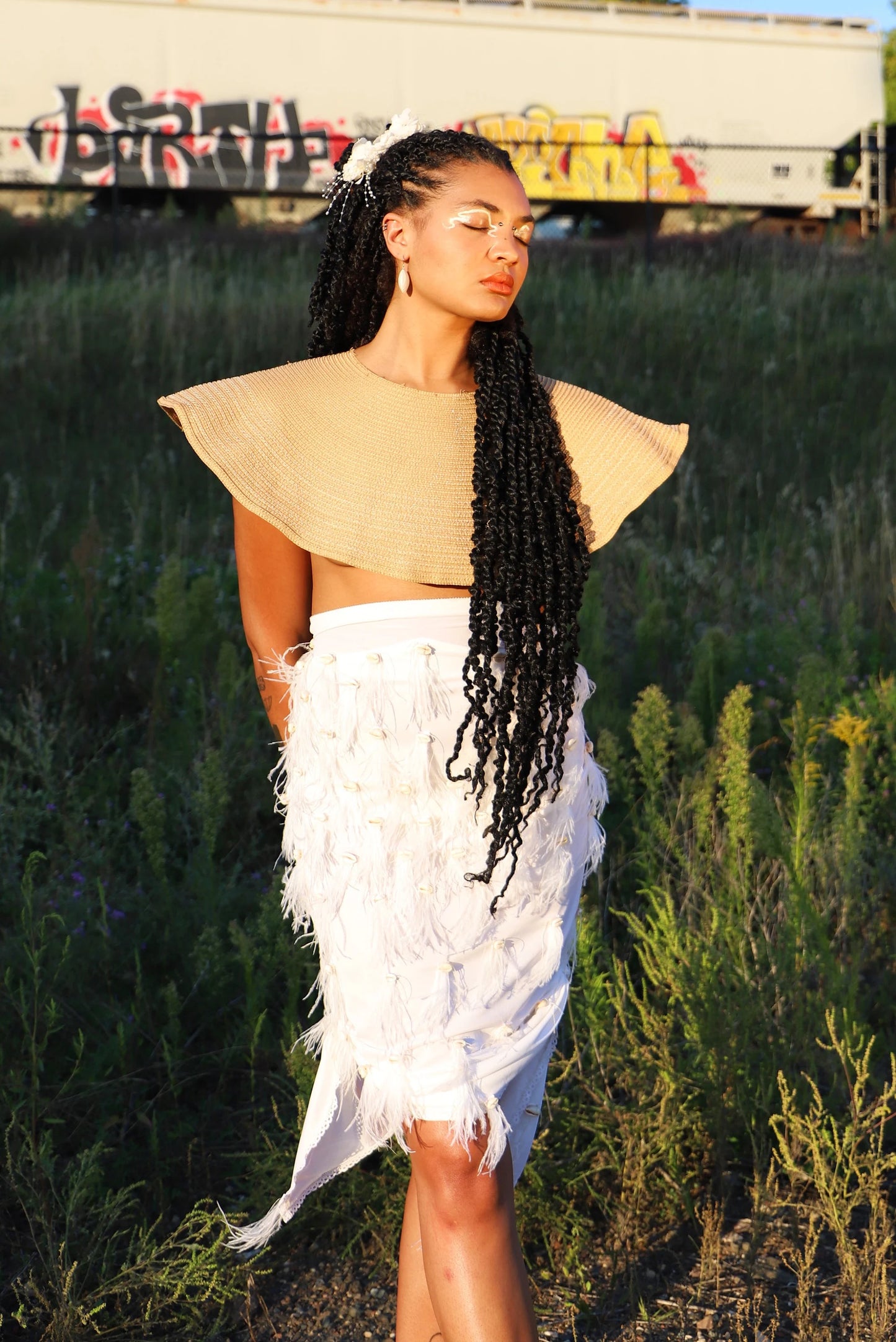Reworked Vintage Lingerie Slip Skirt with Cowrie Shells & Ostrich Feathers - Upcycled Couture Statement Piece |