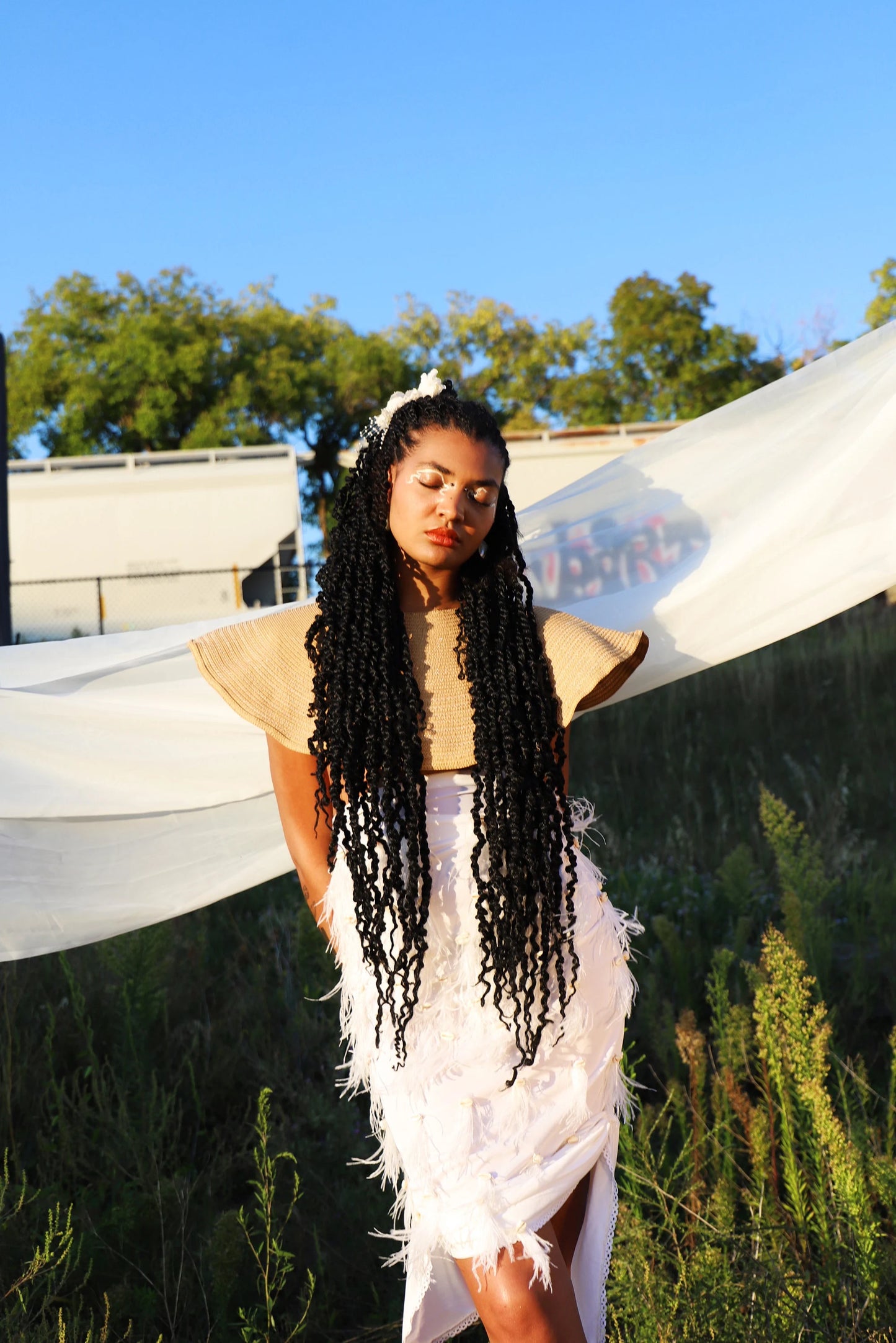 Upcycled Rattan Crop Top / Neck Bib - Sustainably Reworked from Synthetic Straw Wide Brim Hat | Tropical Avant-Garde Style