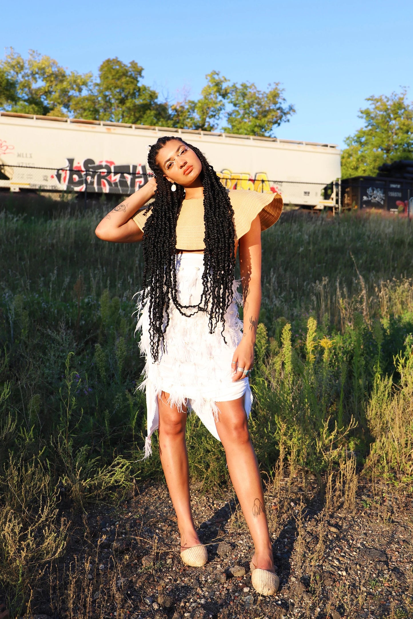 Upcycled Rattan Crop Top / Neck Bib - Sustainably Reworked from Synthetic Straw Wide Brim Hat | Tropical Avant-Garde Style