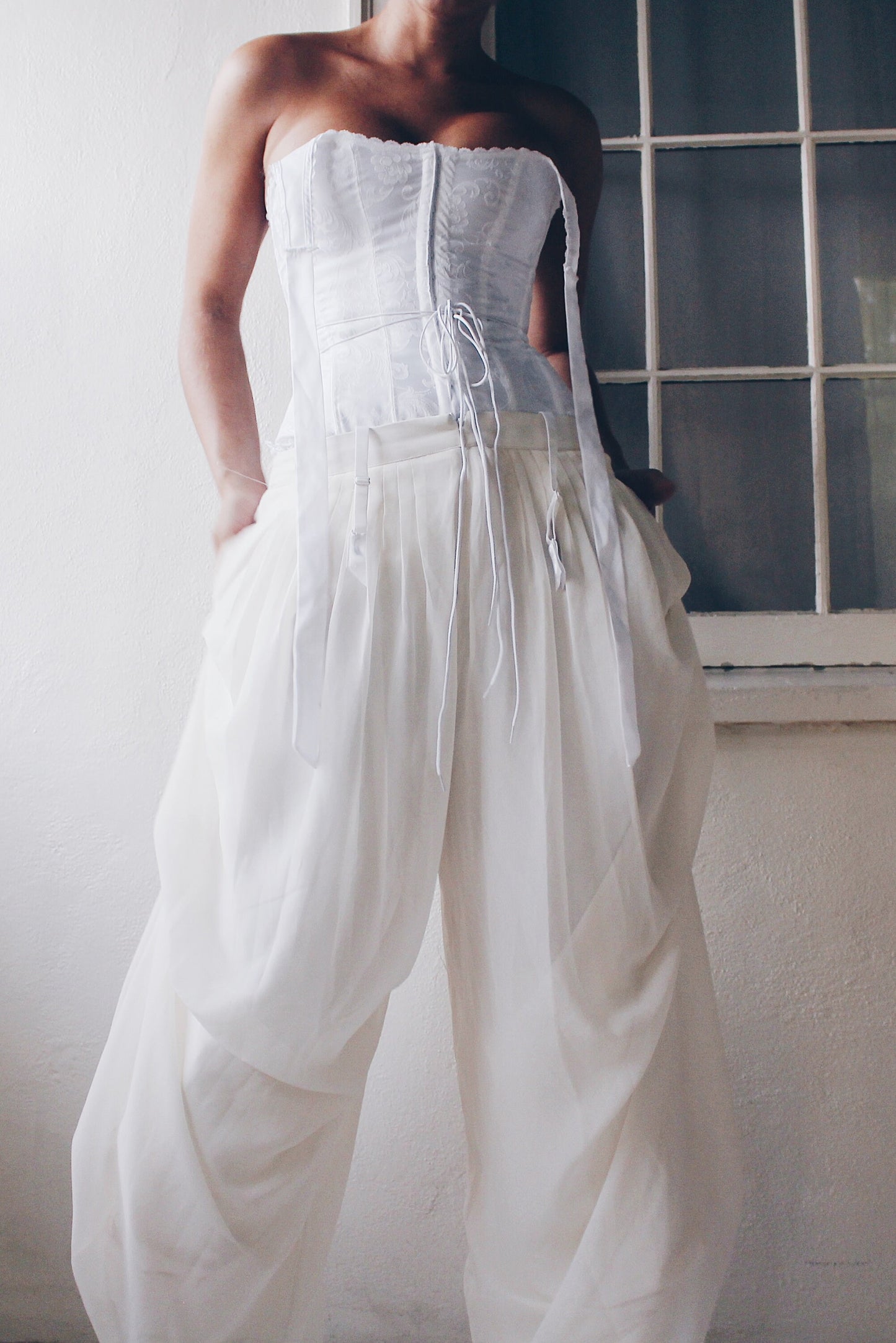 Pleated White High Waisted Parachute style pants / Ivory Cinched Wide Leg formal pants