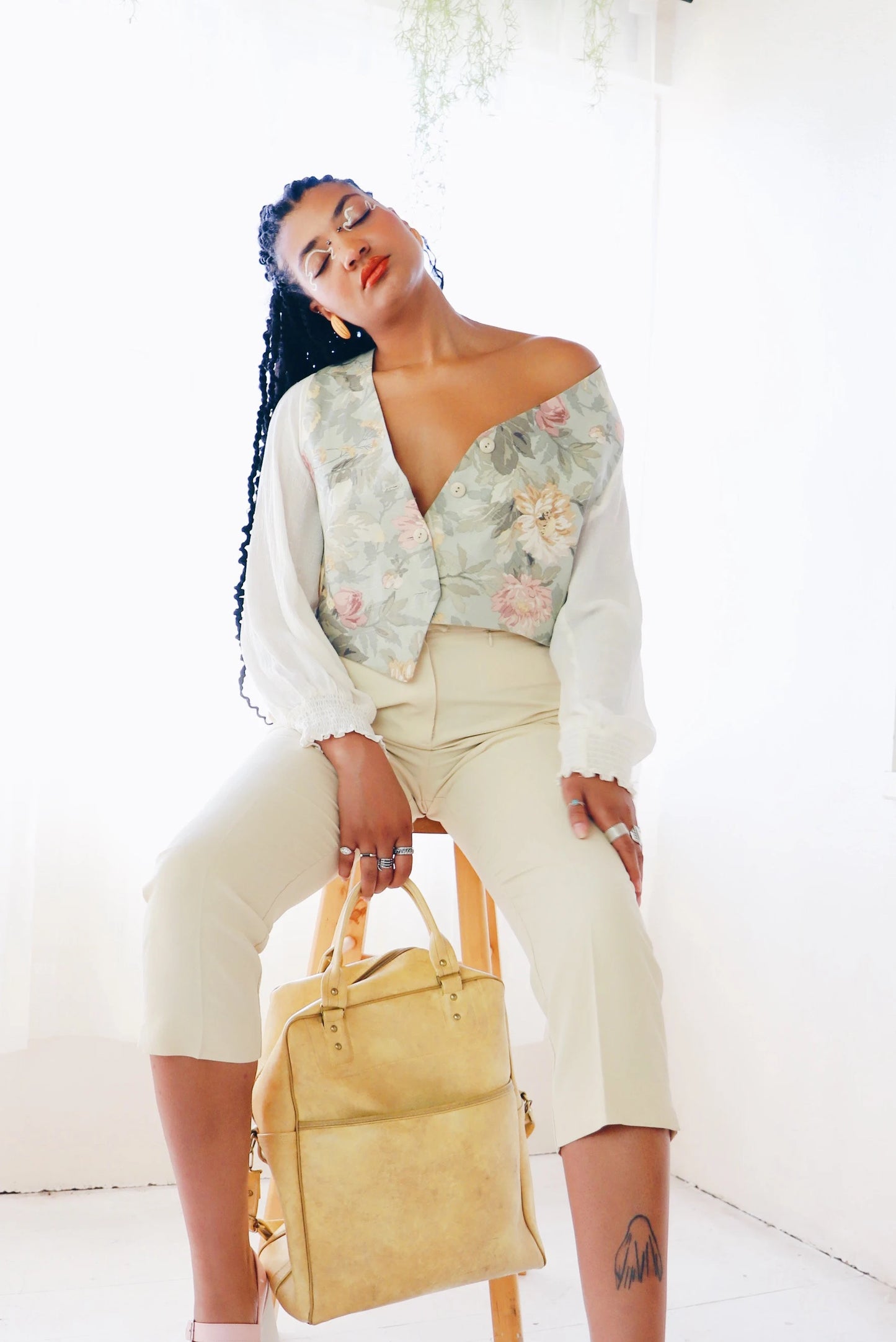 Upcycled Floral Vest Shirt with Cream Peasant Sleeves - Cottagecore Style | Inspired by Jennifer Connelly in The Labyrinth