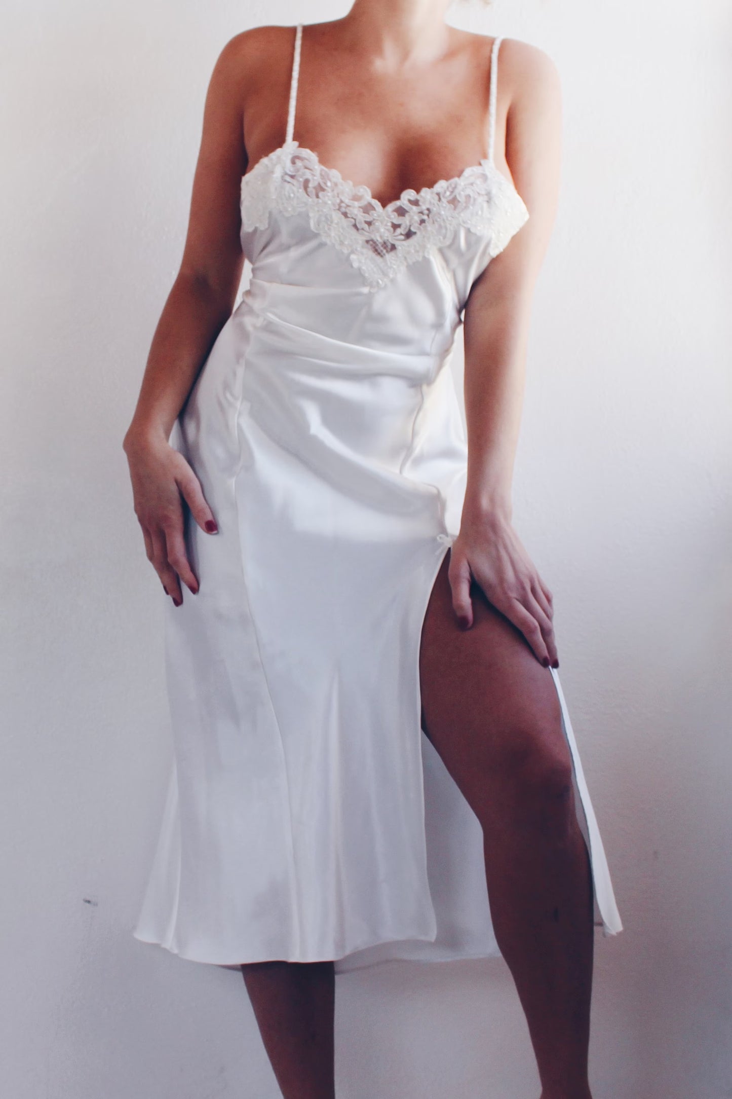 90s White Liquid Satin Sexy Nightgown - Lace Bust & Slit | Ethereal Bridal Lingerie | Perfect for Casual Layering