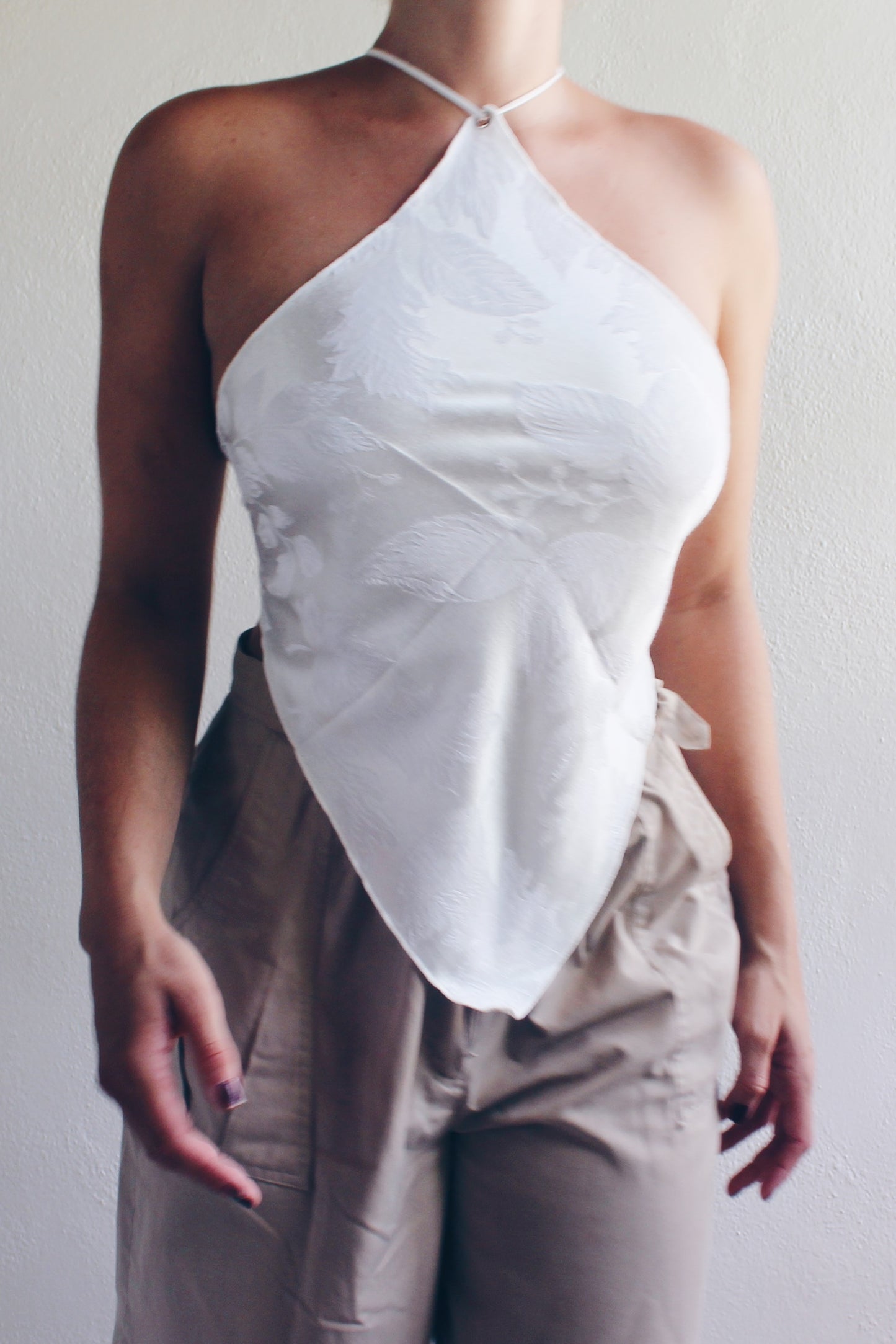 Reworked French hanky hem shirt / White floral Upcycled Bandeau / baroque Tapestry Haltar Crop Top