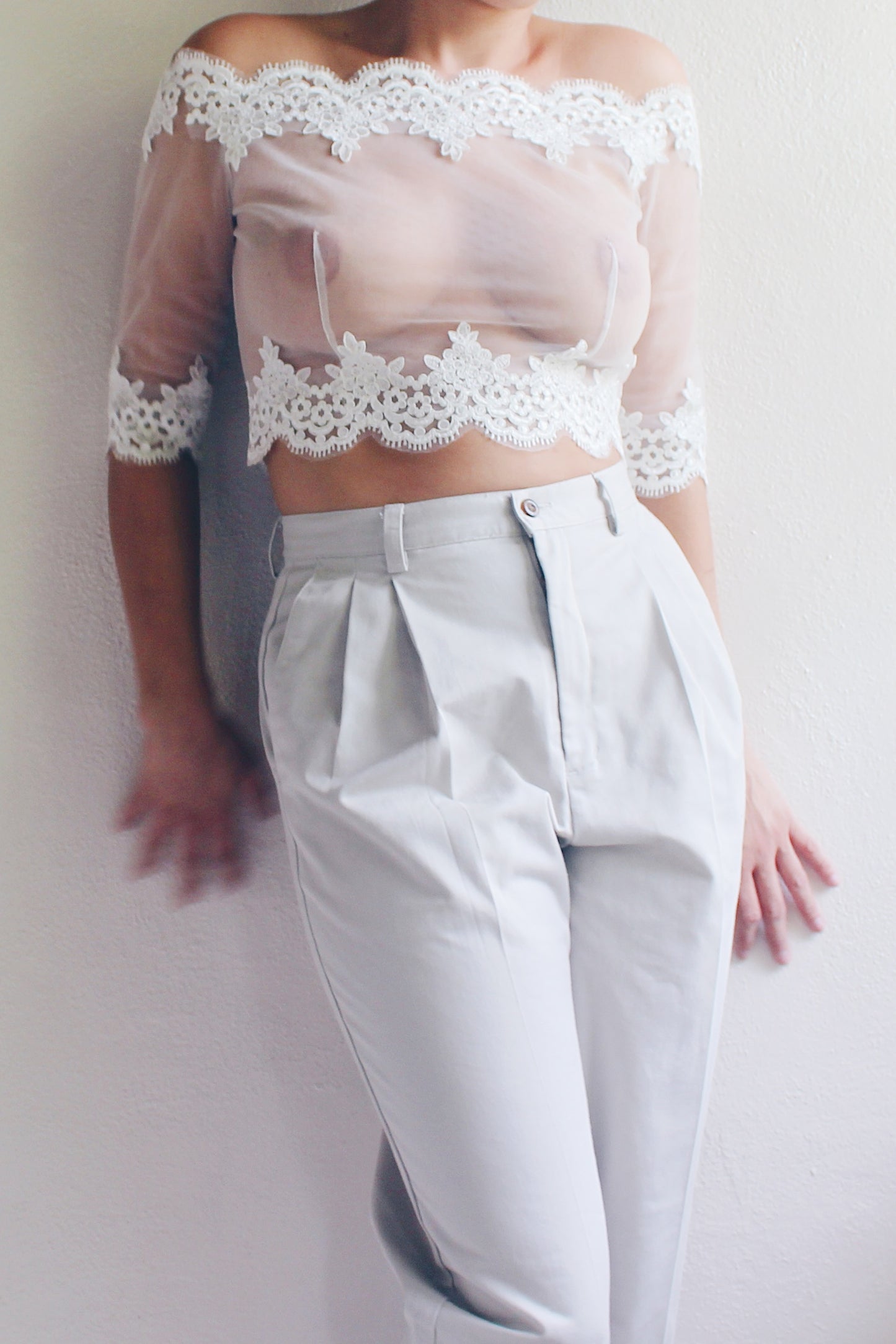 Sheer Mesh Lace Crop Top / Reworked Victorian Off the shoulder Lace cropped Blouse / Edwardian upcycled shirt