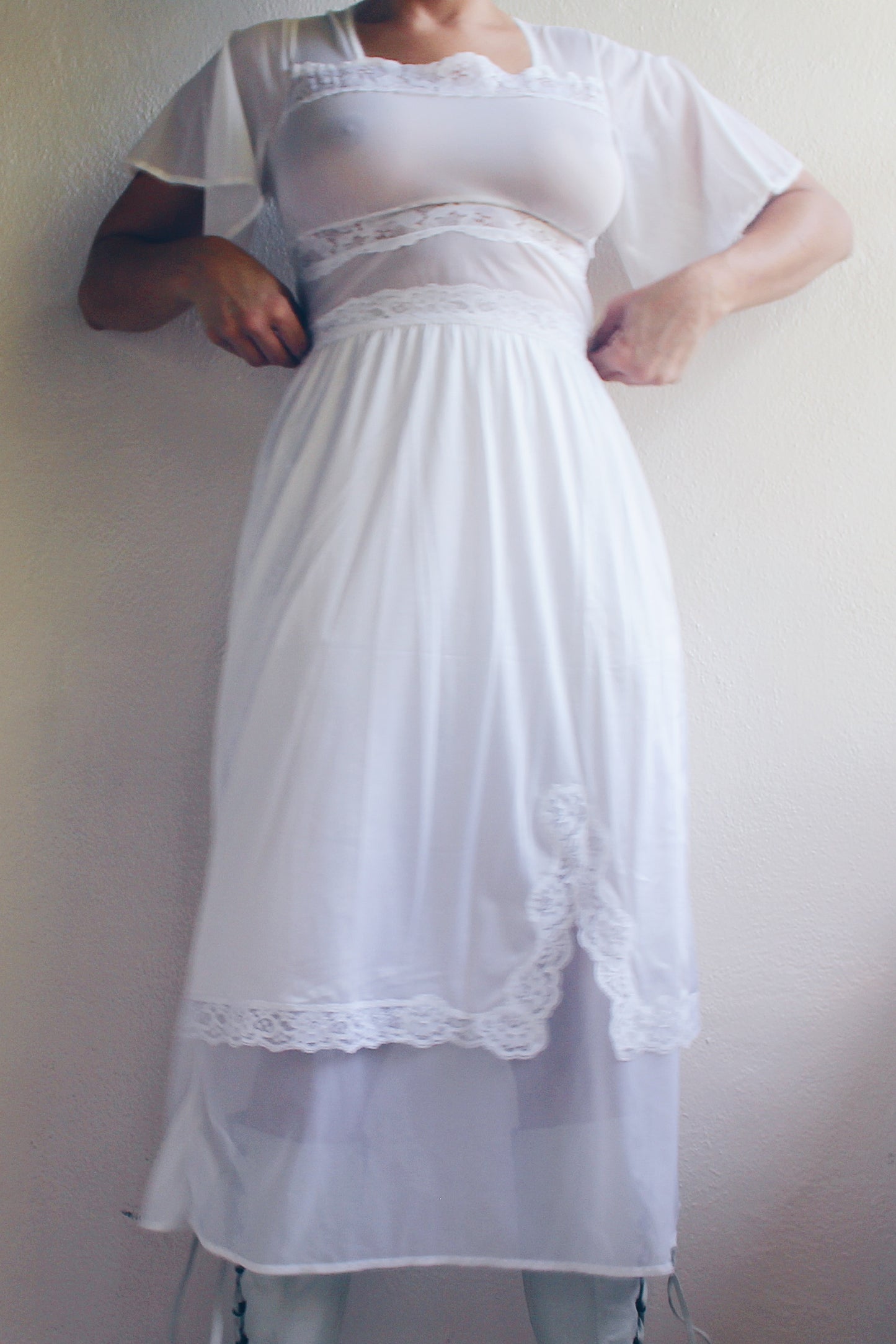 Whimsical Sheer White Lace Maxi Slip / Sheer Lace Wendy Vintage nightgown