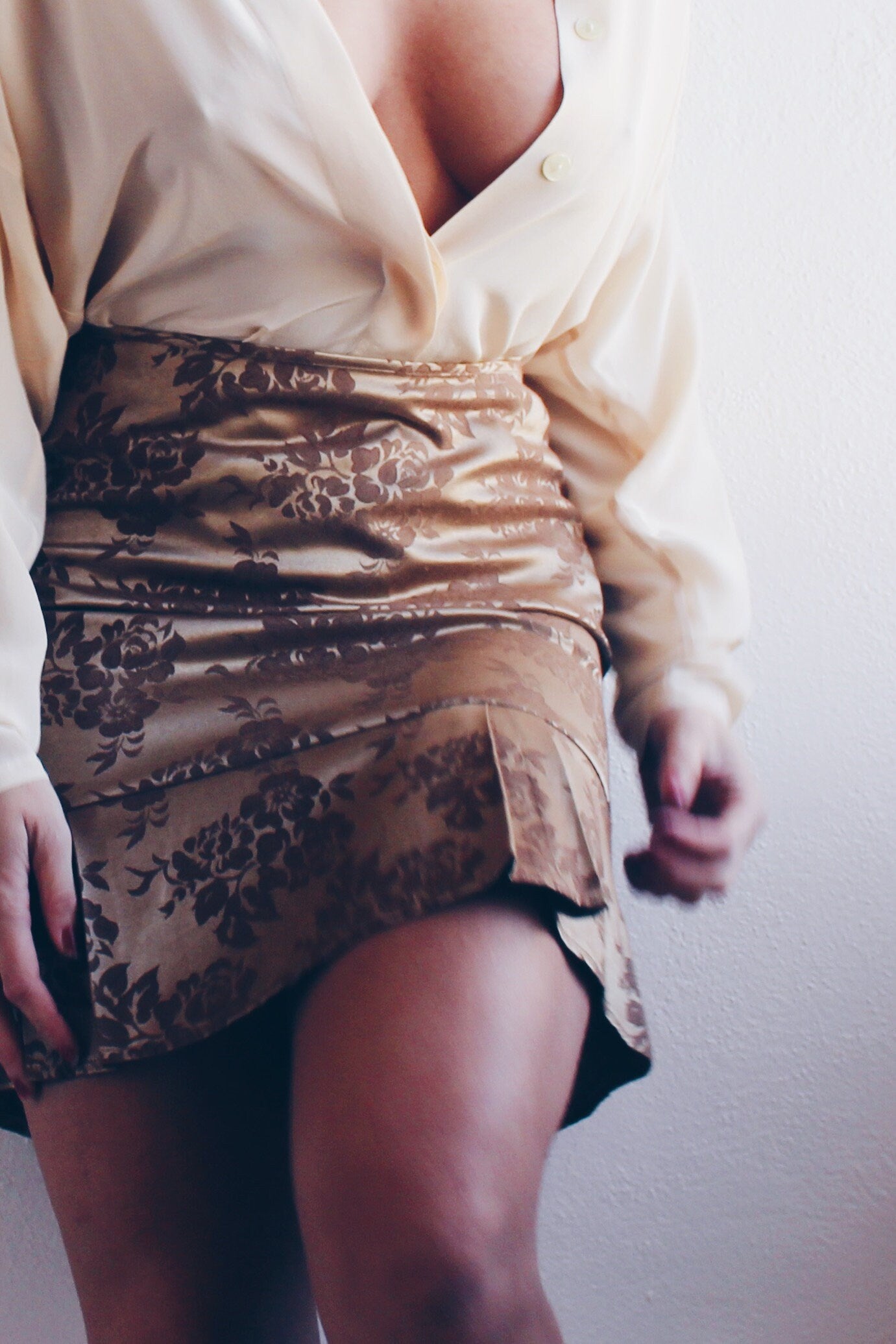 Bronzed Gold High Waisted Floral Drop Waist Mini Skirt - Coquette Baroque Style