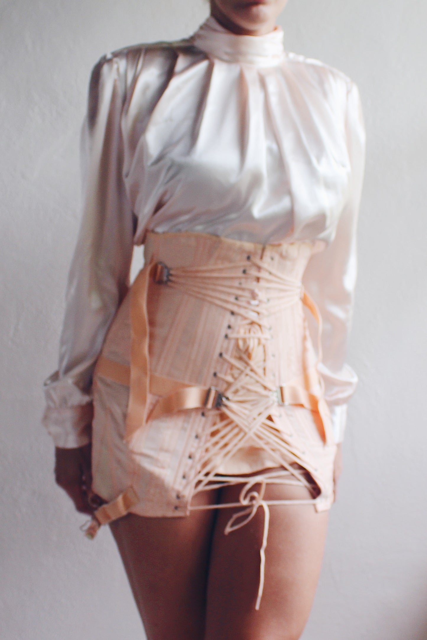 Vintage Pearl Pink High Neck Pleated Blouse - 90s Romantic Professional Style