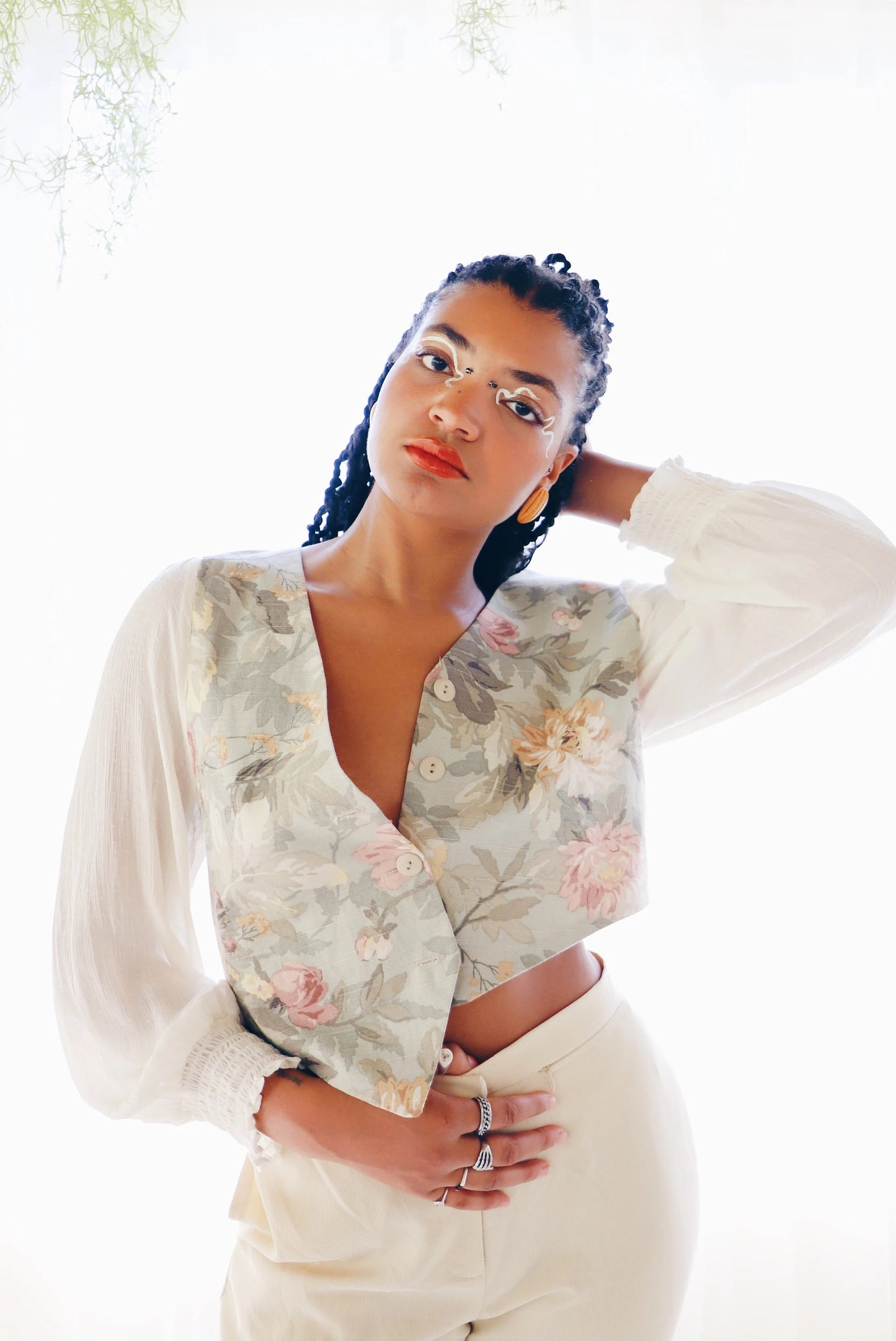 Upcycled Floral Vest Shirt with Cream Peasant Sleeves - Cottagecore Style | Inspired by Jennifer Connelly in The Labyrinth