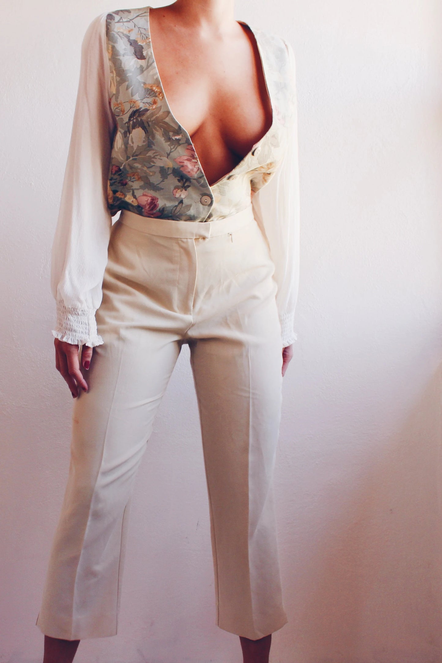 Upcycled Floral Vest Shirt with Cream Peasant Sleeves - Cottagecore Style | Inspired by Jennifer Connelly in The Labyrinth