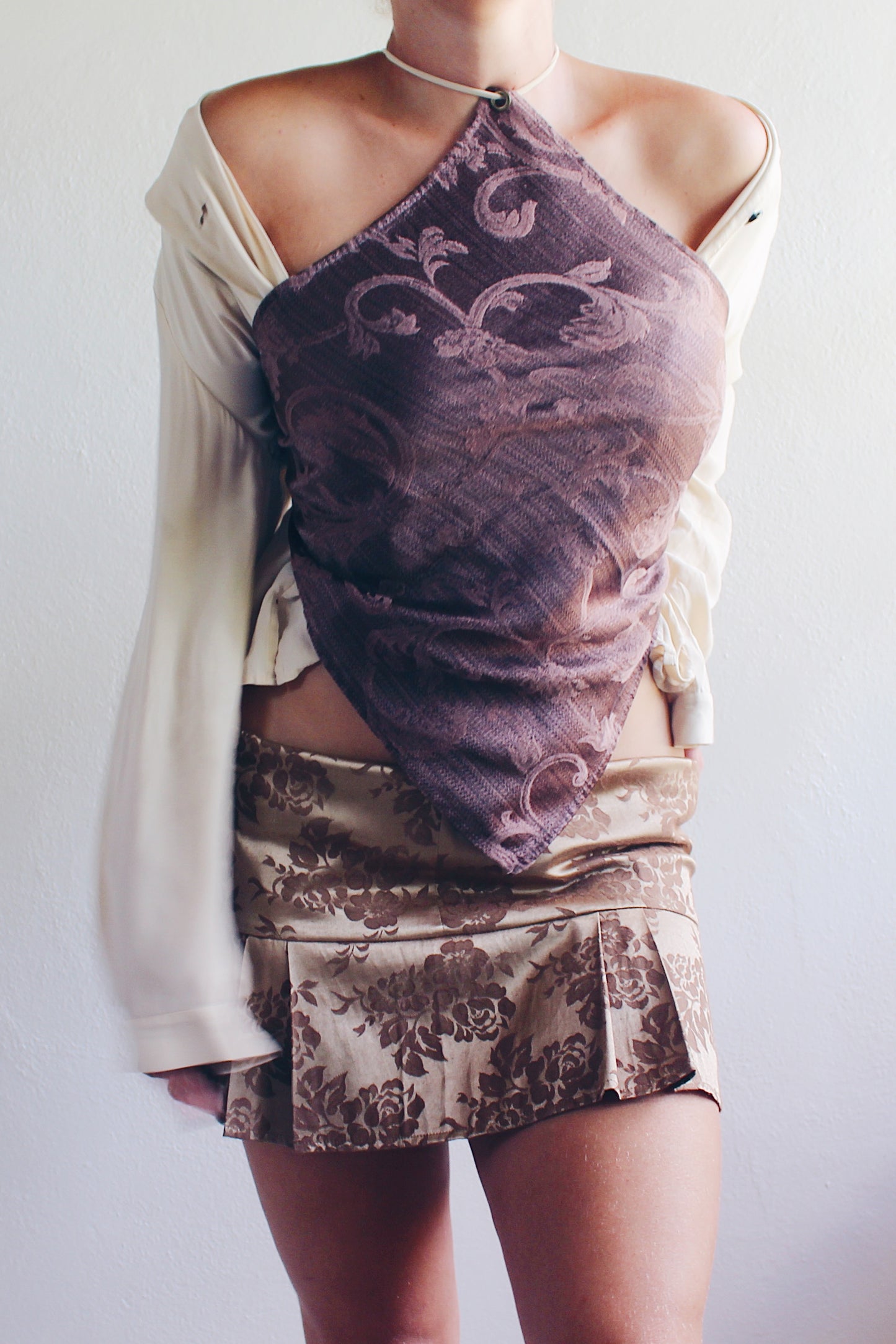 Brown Baroque Print Reworked French hanky hem shirt / Upcycled Bandeau Tapestry Haltar Crop Top