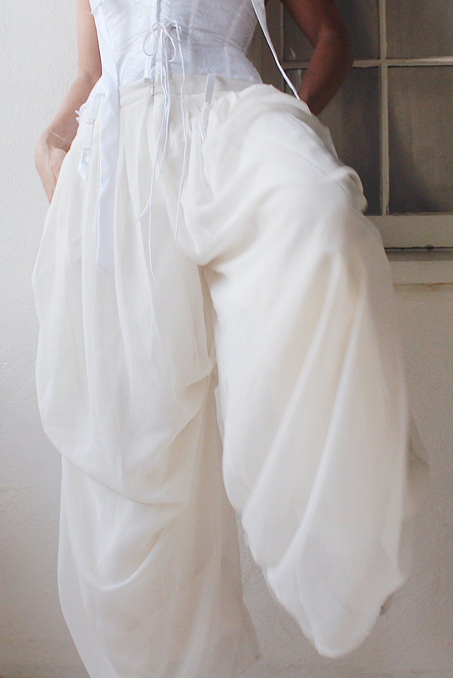 Pleated White High Waisted Parachute style pants / Ivory Cinched Wide Leg formal pants