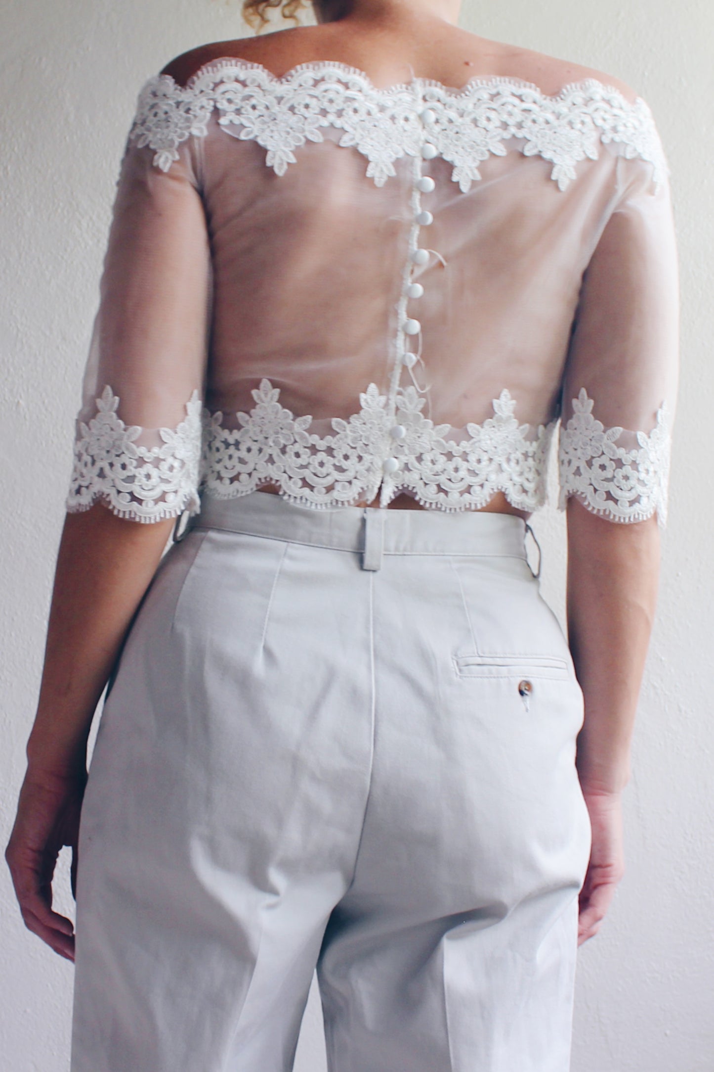 Sheer Mesh Lace Crop Top / Reworked Victorian Off the shoulder Lace cropped Blouse / Edwardian upcycled shirt
