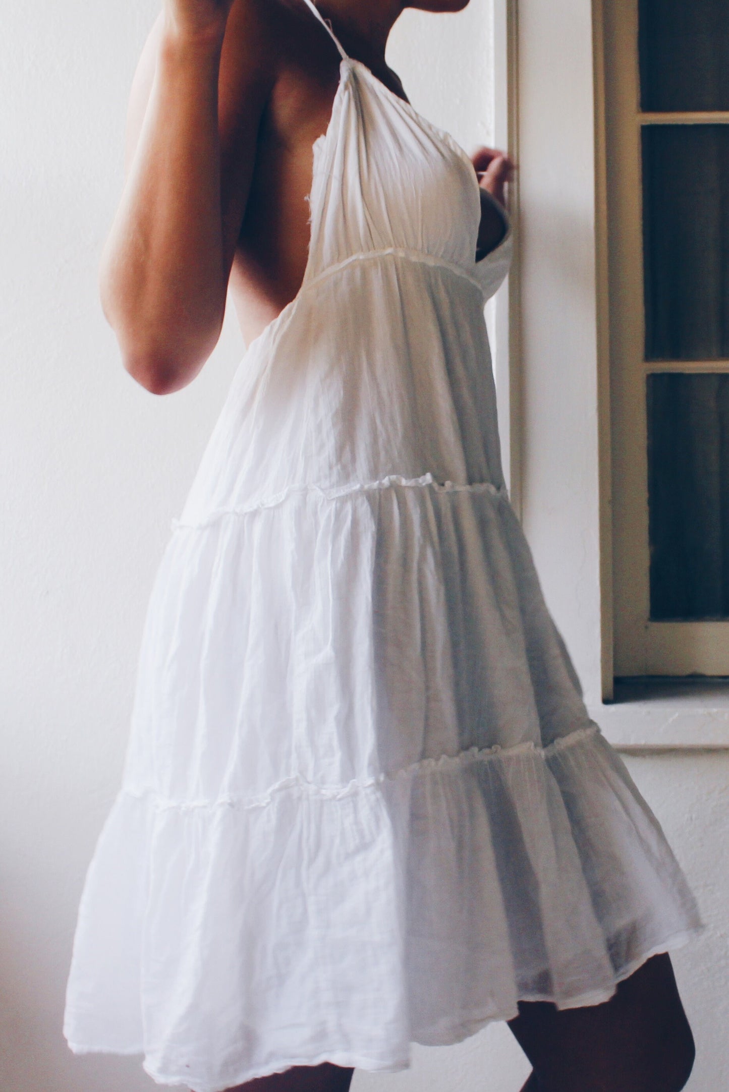 Upcycled White Cotton Vintage Sundress - Whimsical Bohemian Cottagecore Style | Reworked Fashion Made from a Skirt