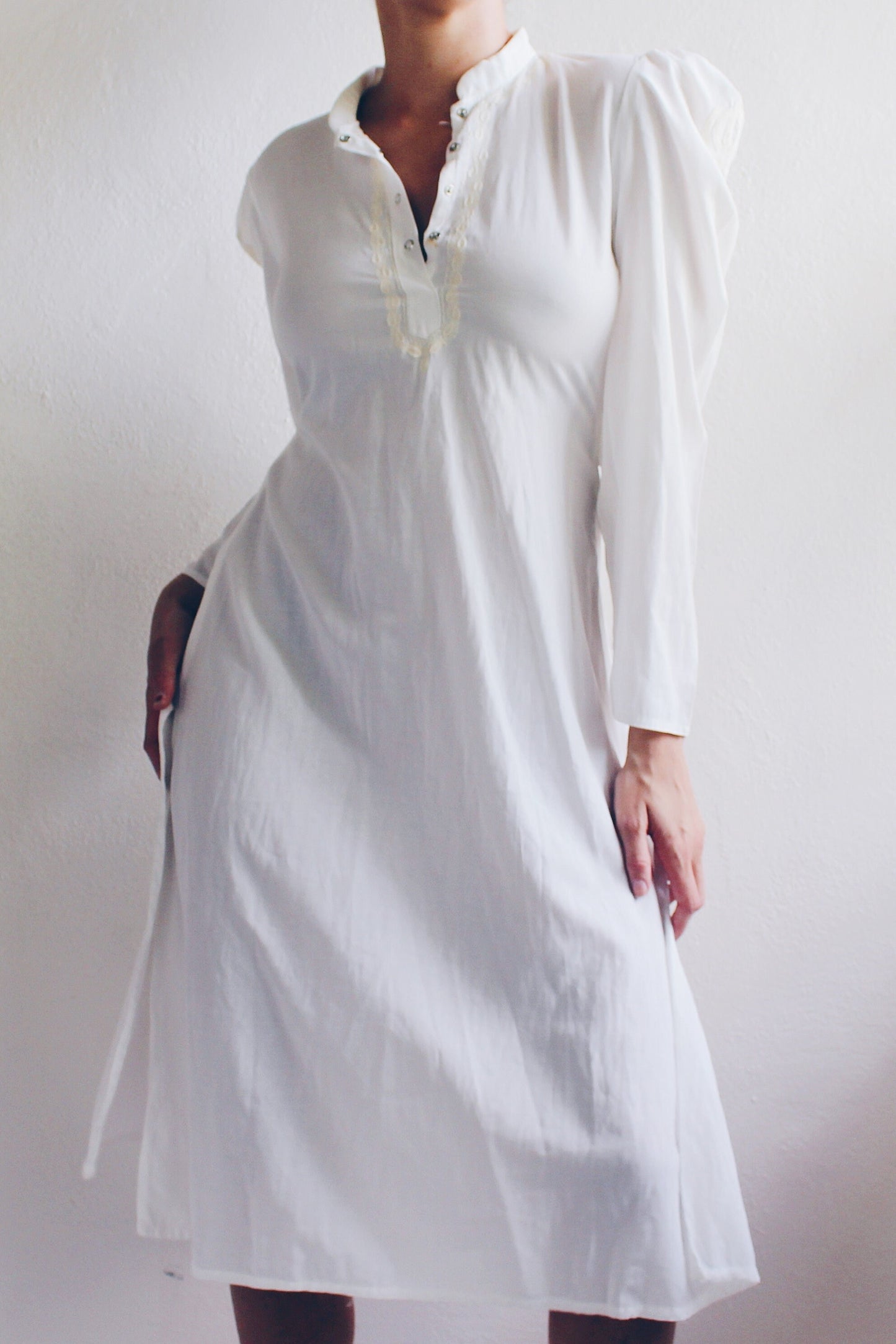 White Vintage Cotton Long Sleeve Nightgown - American Gothic Edwardian Style | Knee-Length with Floral Embroidery & Pleated Shoulders