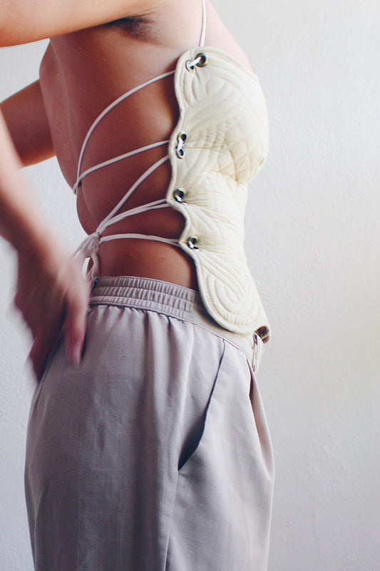 Upcycled quilted vintage Place mat Tank / Beige cotton Reworked Fashion corset crop top