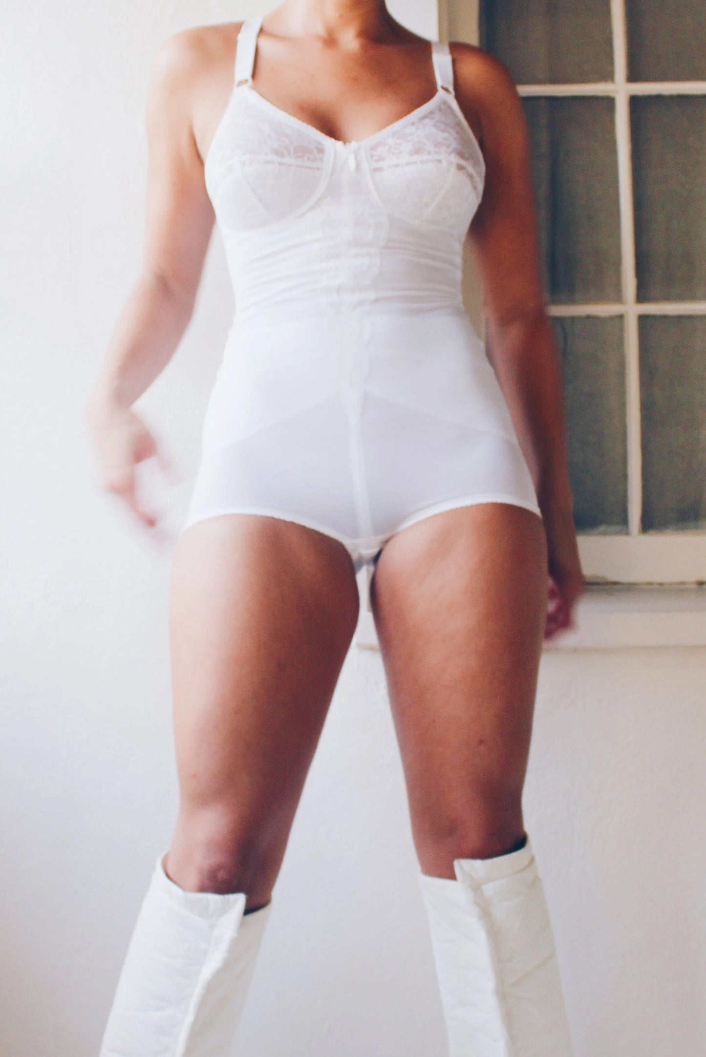 Vintage White Lace Shaping Bodysuit from the 60s - Bullet Bra Cone Shape One Piece | Victorian Pin-Up Coquette Style Leotard