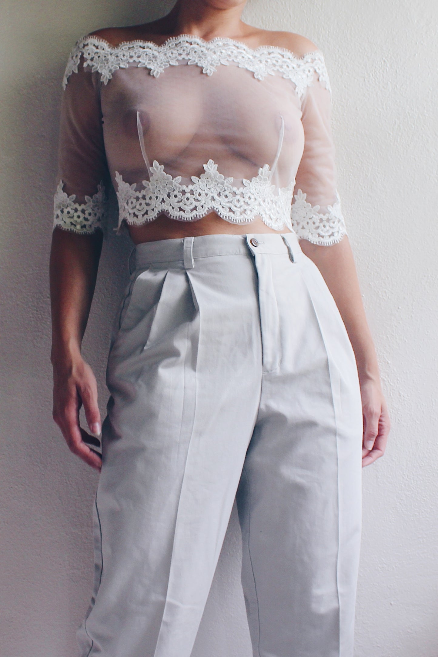 Sheer Mesh Lace Crop Top / Reworked Victorian Off the shoulder Lace cropped Blouse / Edwardian upcycled shirt