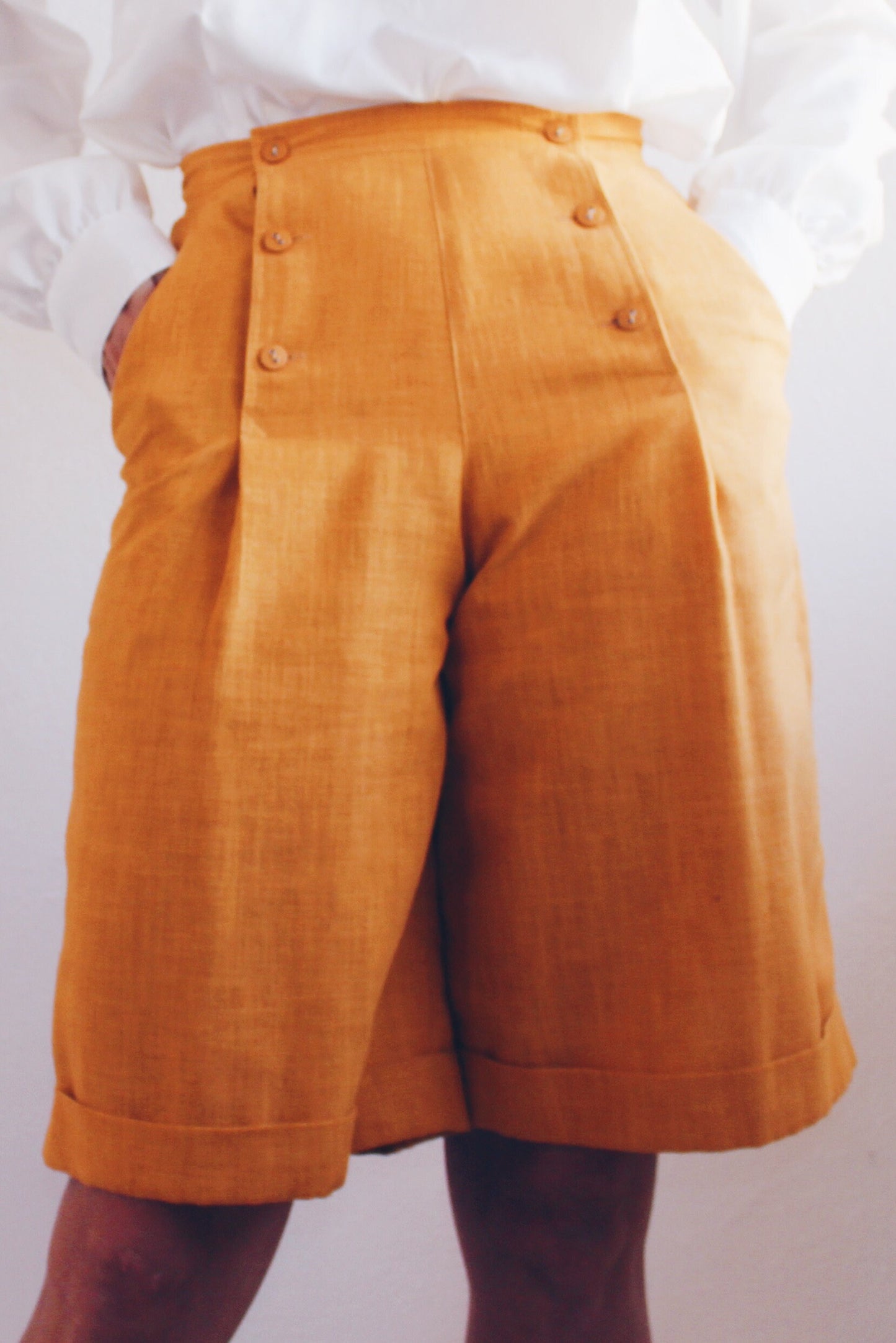 Vintage Pleated Goldenrod Long Shorts - Sailor Style with Double Buttons | Whimsical French Nautical Fashion