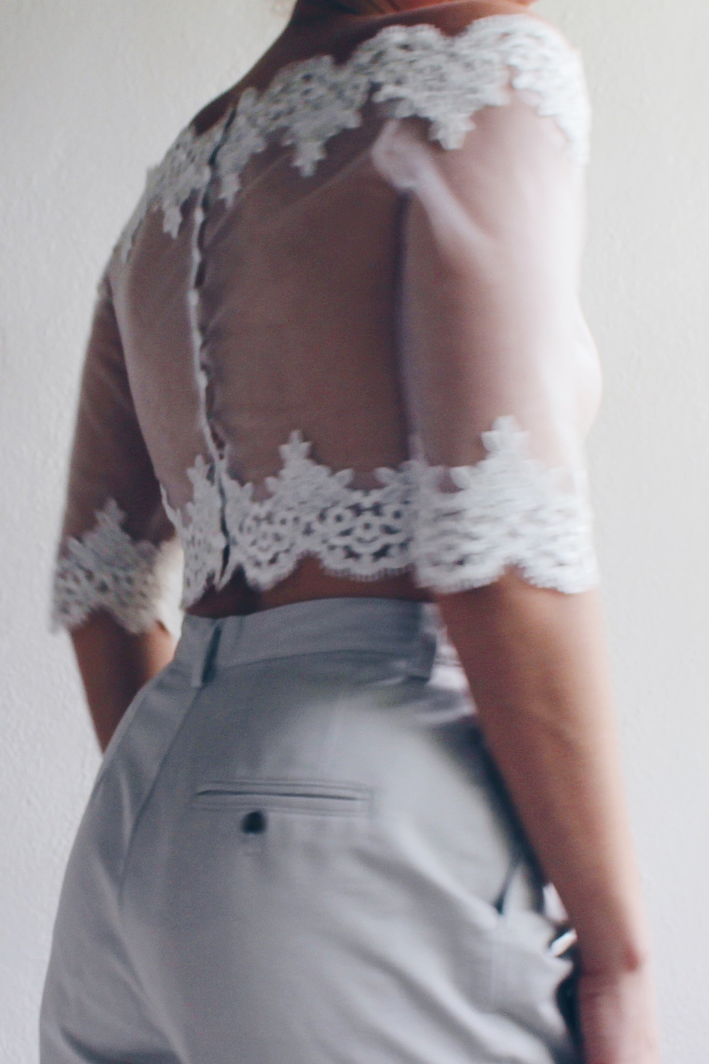 Sheer Mesh Lace Crop Top / Reworked Victorian Off the shoulder Lace cropped Blouse / Edwardian upcycled shirt