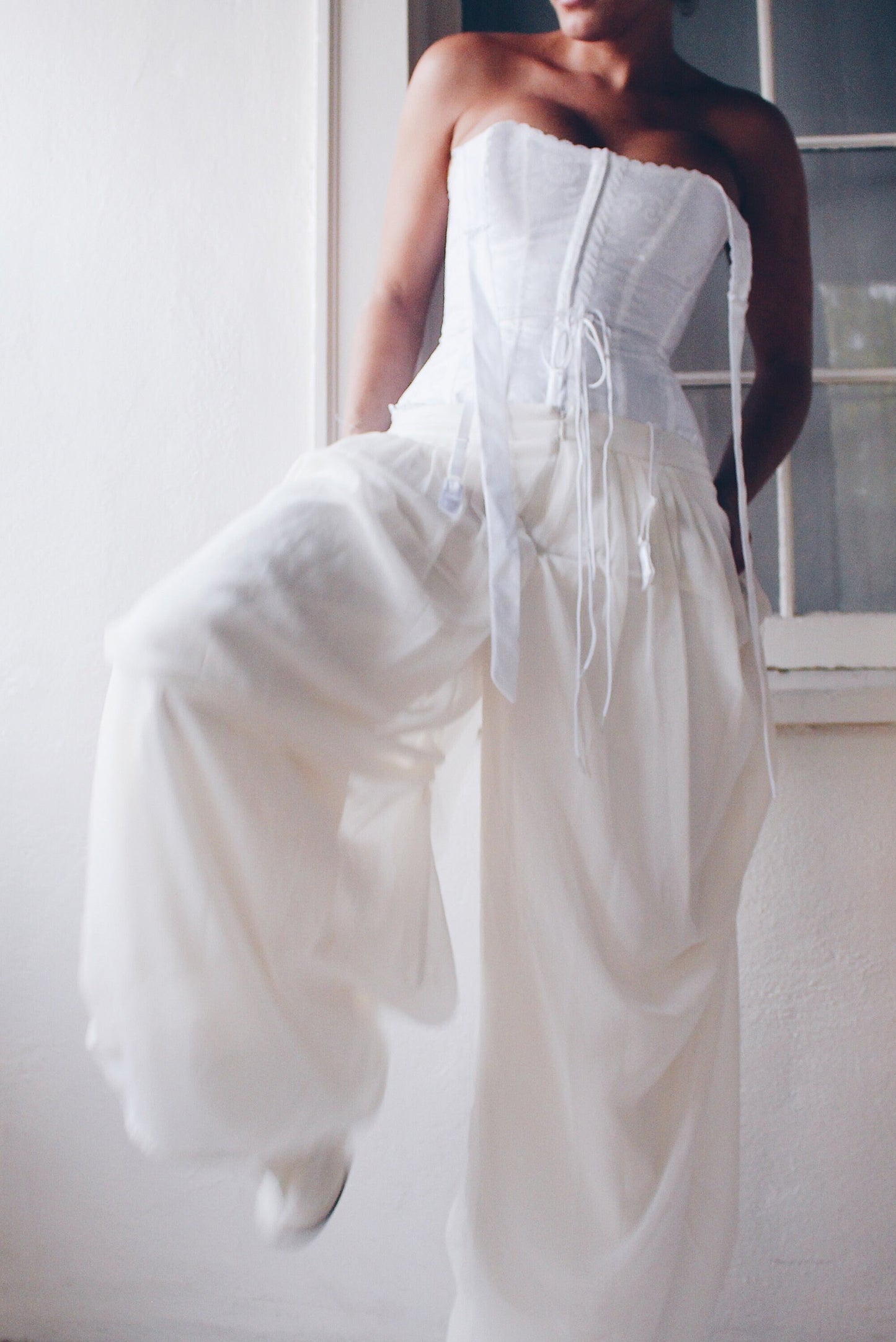 Pleated White High Waisted Parachute style pants / Ivory Cinched Wide Leg formal pants